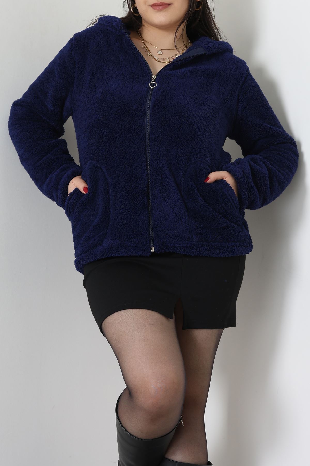 Welsoft Kumaş Kapşonlu Battal Ceket Lacivert - 70749.107.