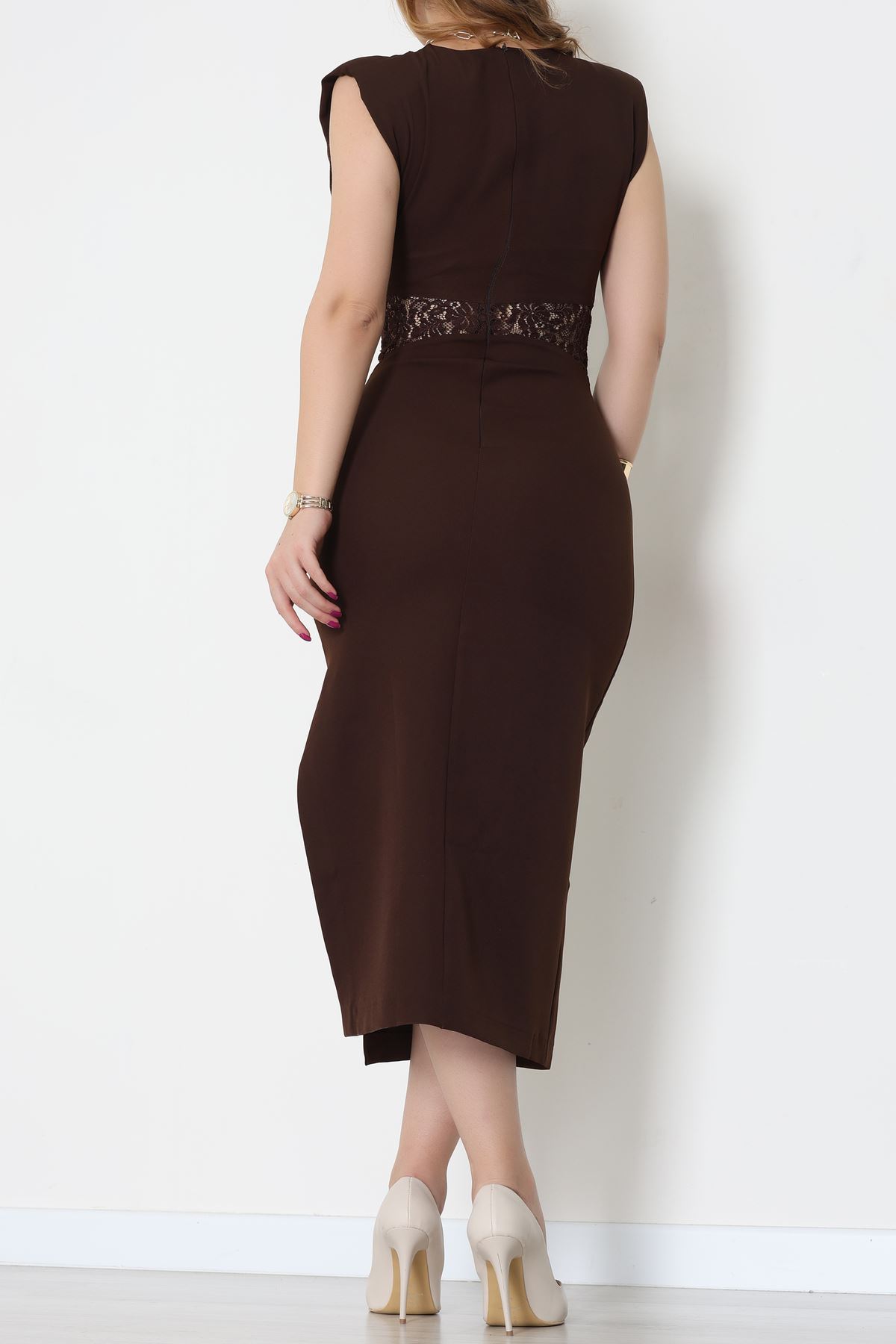 Dantel Detaylı Vatkalı Double Elbise Kahve - 51253.1347.
