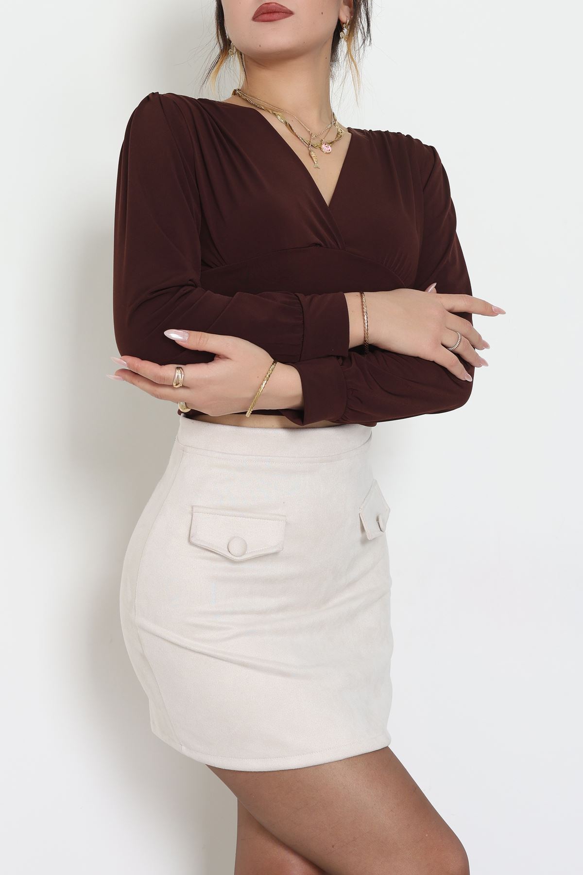 Sandy Derin V Yaka Bluz Kahve - 42807.1949.