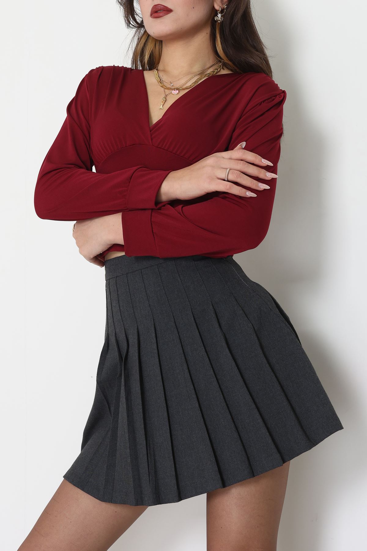 Sandy Derin V Yaka Bluz Bordo - 42807.1949.