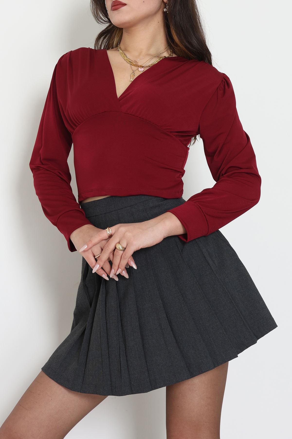 Sandy Derin V Yaka Bluz Bordo - 42807.1949.