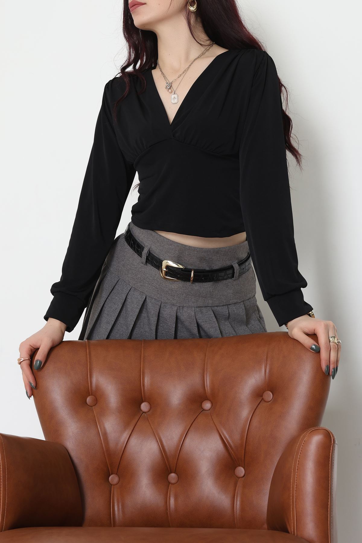 Sandy Derin V Yaka Bluz Siyah - 42807.1949.