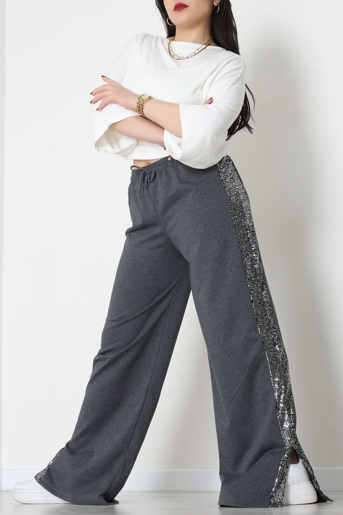 2 İplik Pul Detaylı Eşofman Altı Füme - 52111.1857.