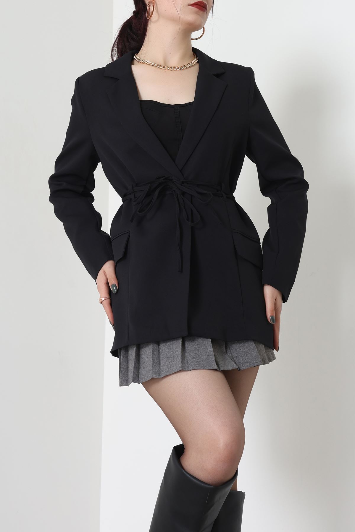Bağlamalı Astarlı Blazer Ceket Siyah - 31815.1991.
