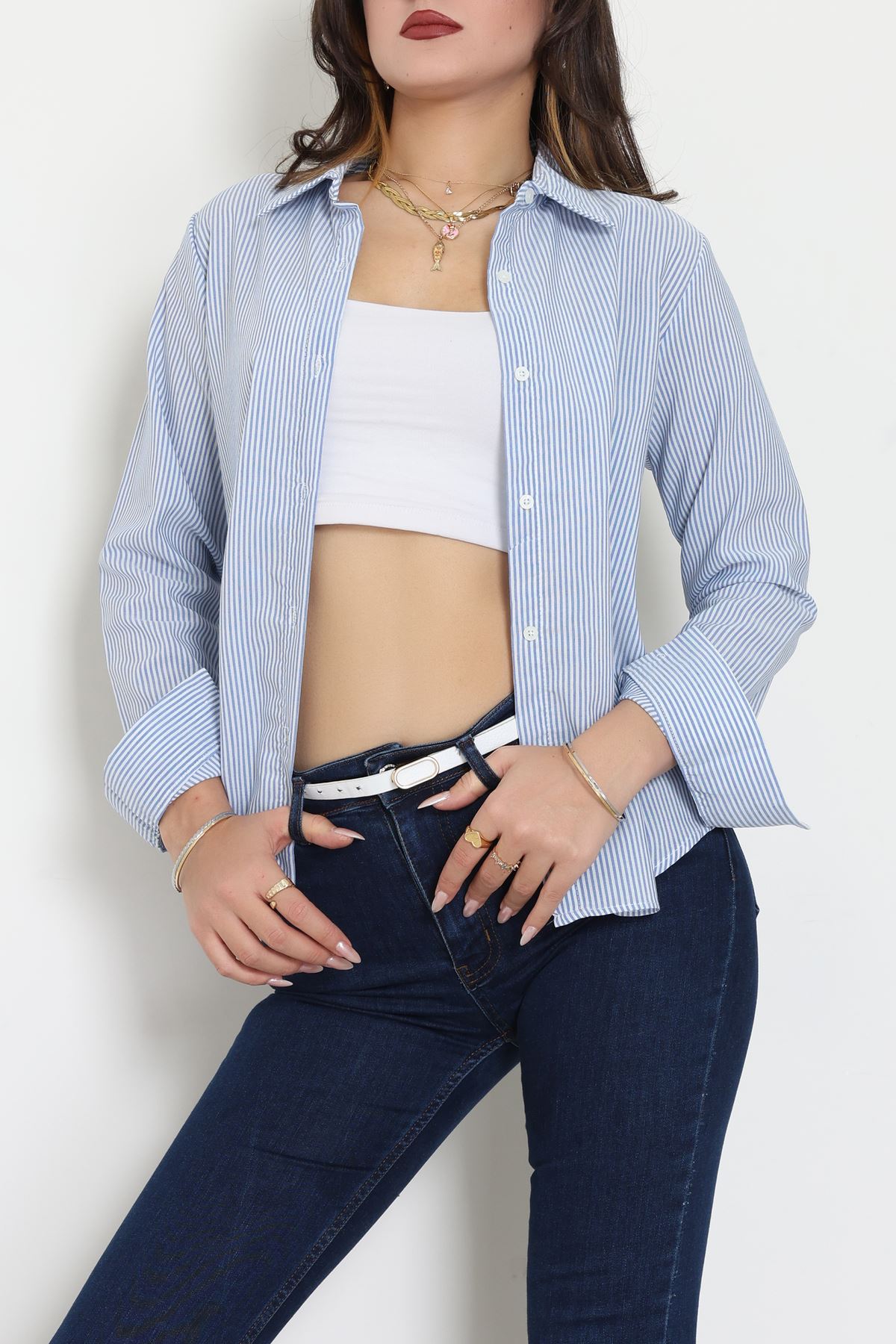 Pamuk Polyester Çizgili Gömlek Mavibeyaz - 51064.147.