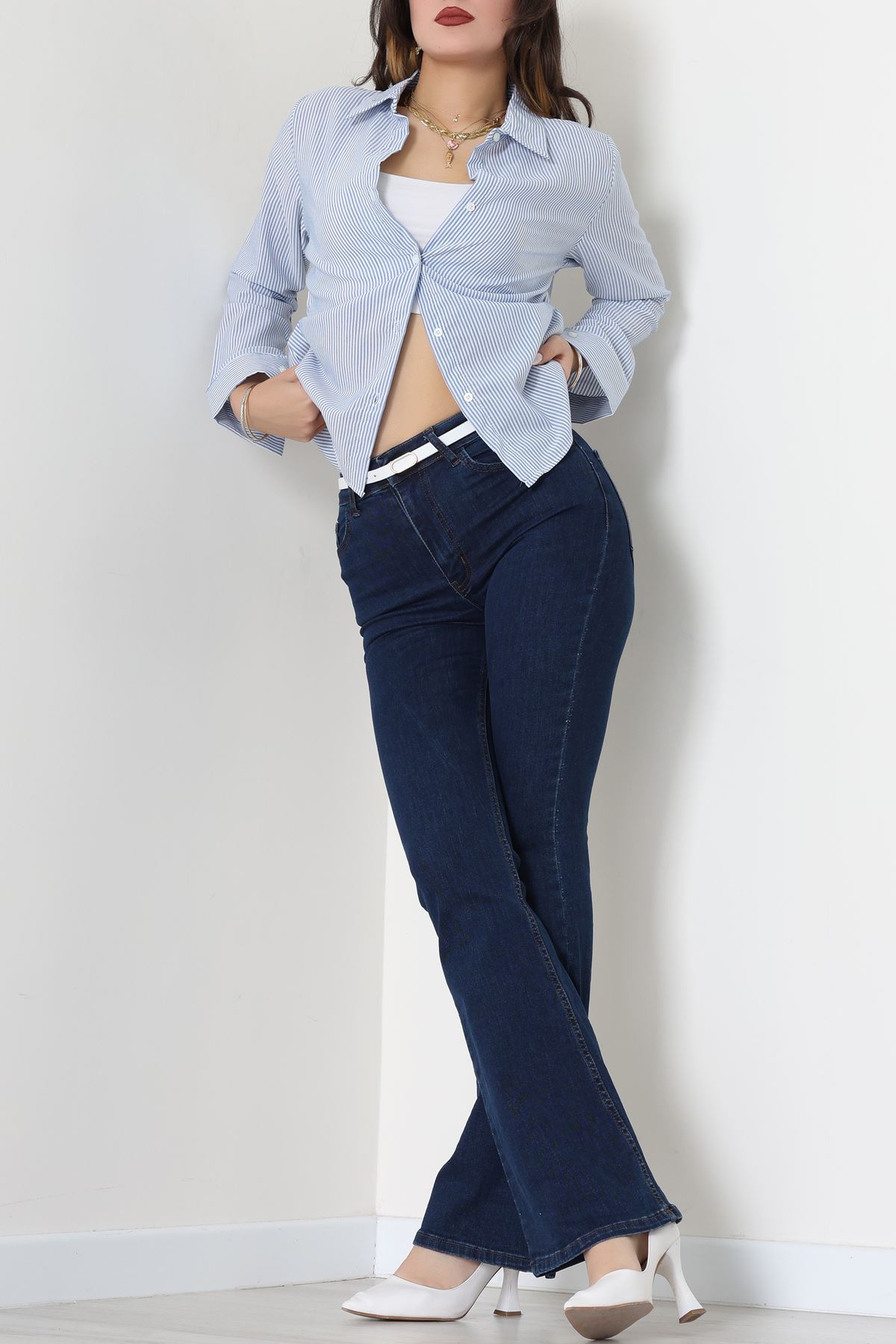 Pamuk Polyester Çizgili Gömlek Mavibeyaz - 51064.147.