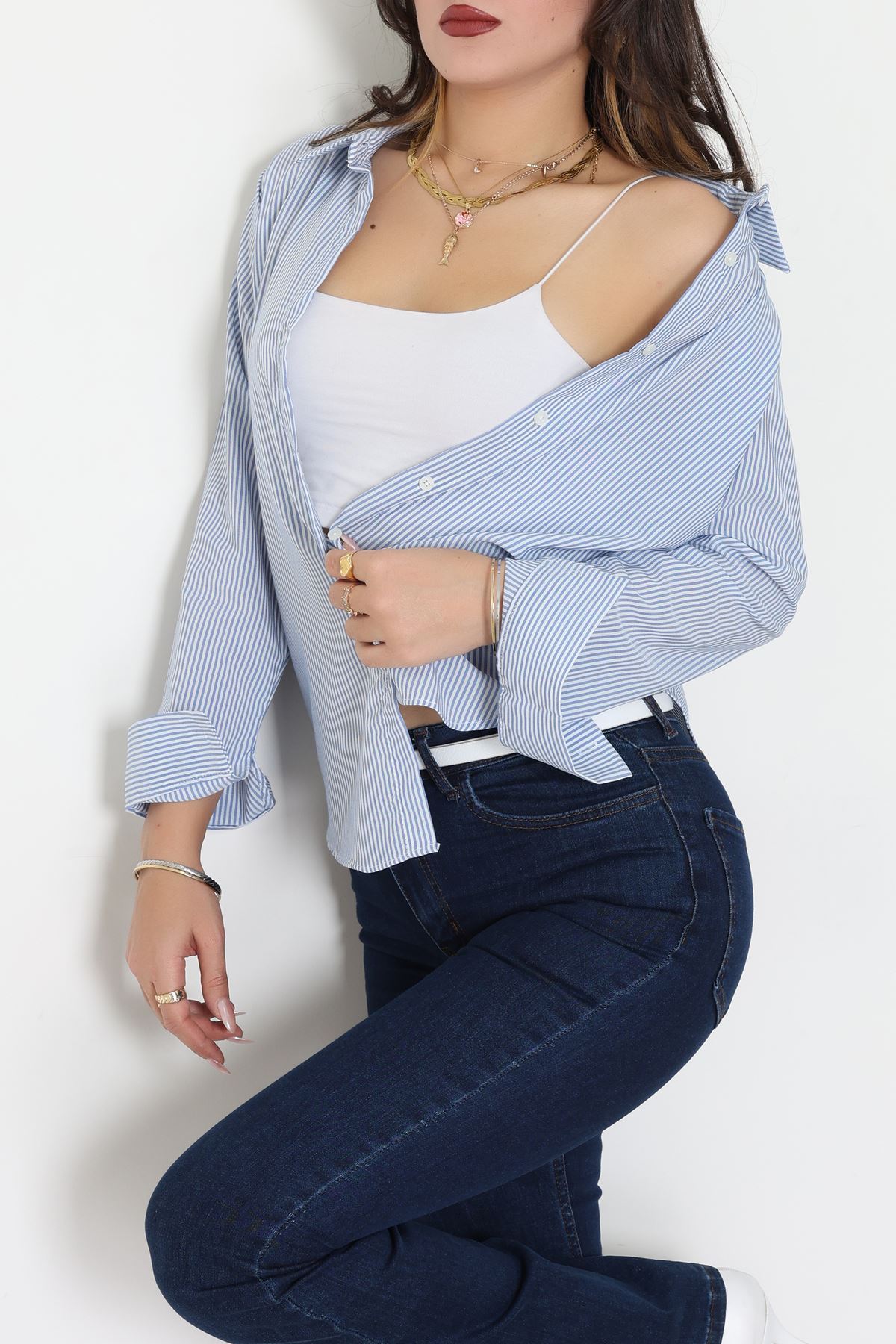 Pamuk Polyester Çizgili Gömlek Mavibeyaz - 51064.147.