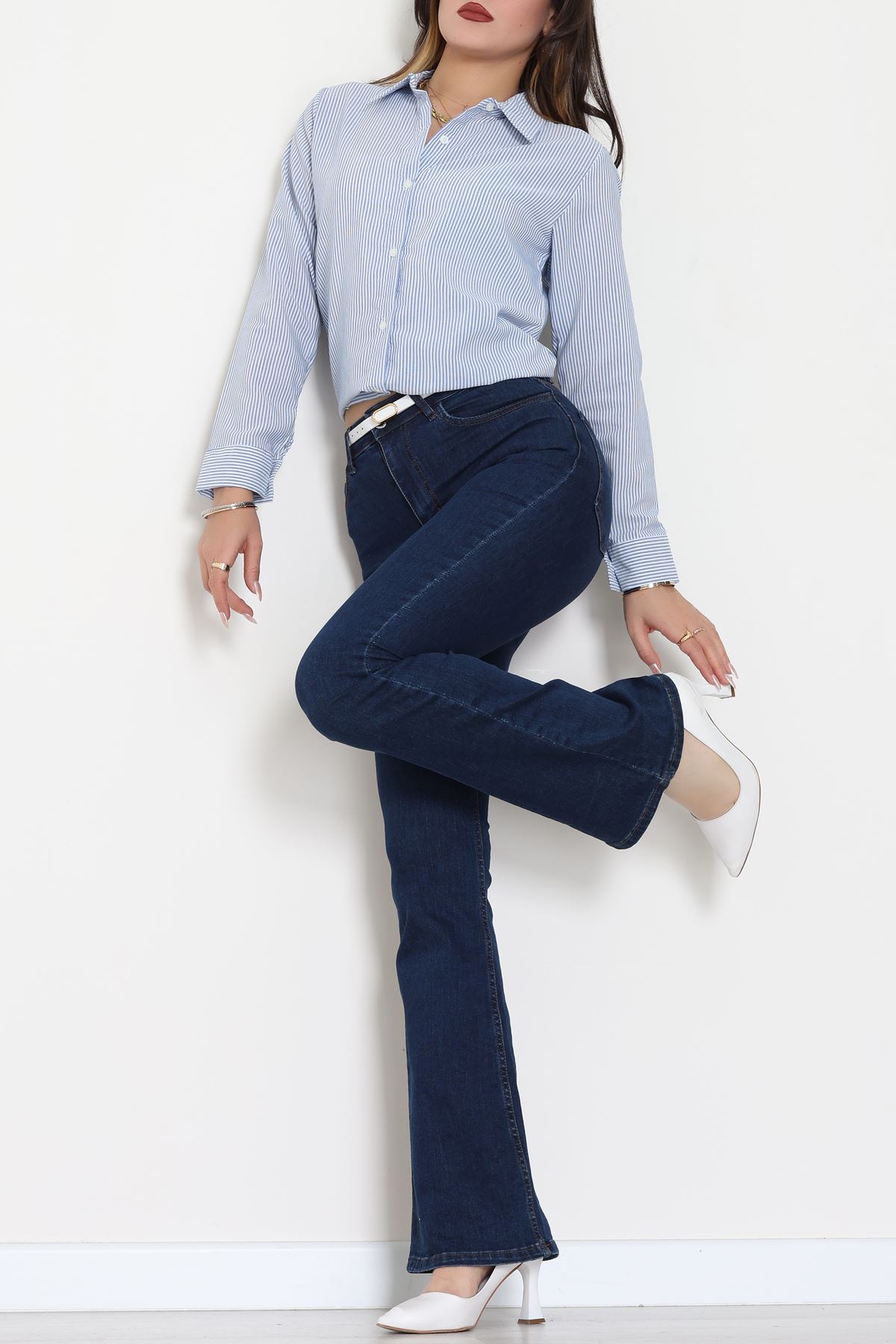 Pamuk Polyester Çizgili Gömlek Mavibeyaz - 51064.147.