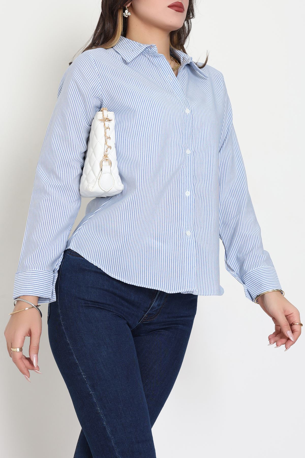 Pamuk Polyester Çizgili Gömlek Mavibeyaz - 51064.147.