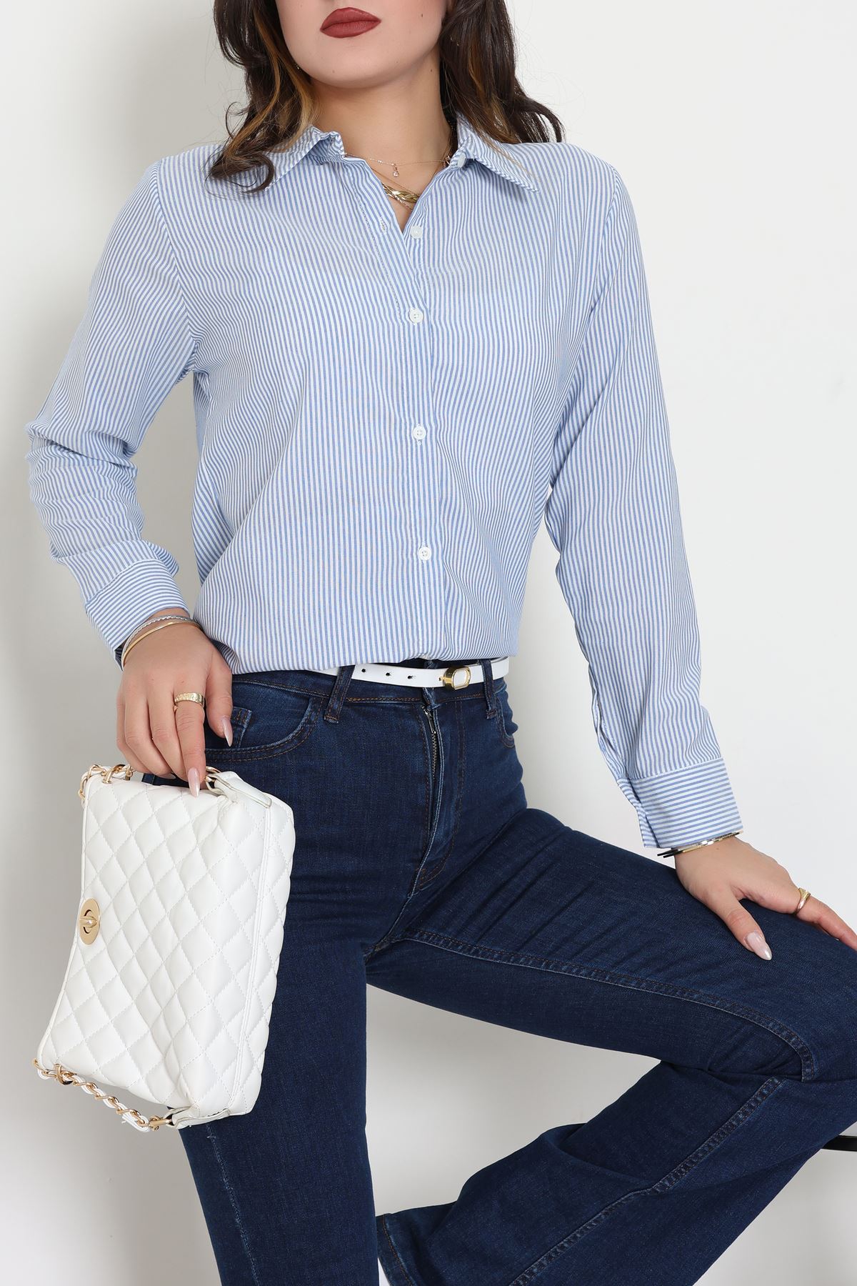 Pamuk Polyester Çizgili Gömlek Mavibeyaz - 51064.147.