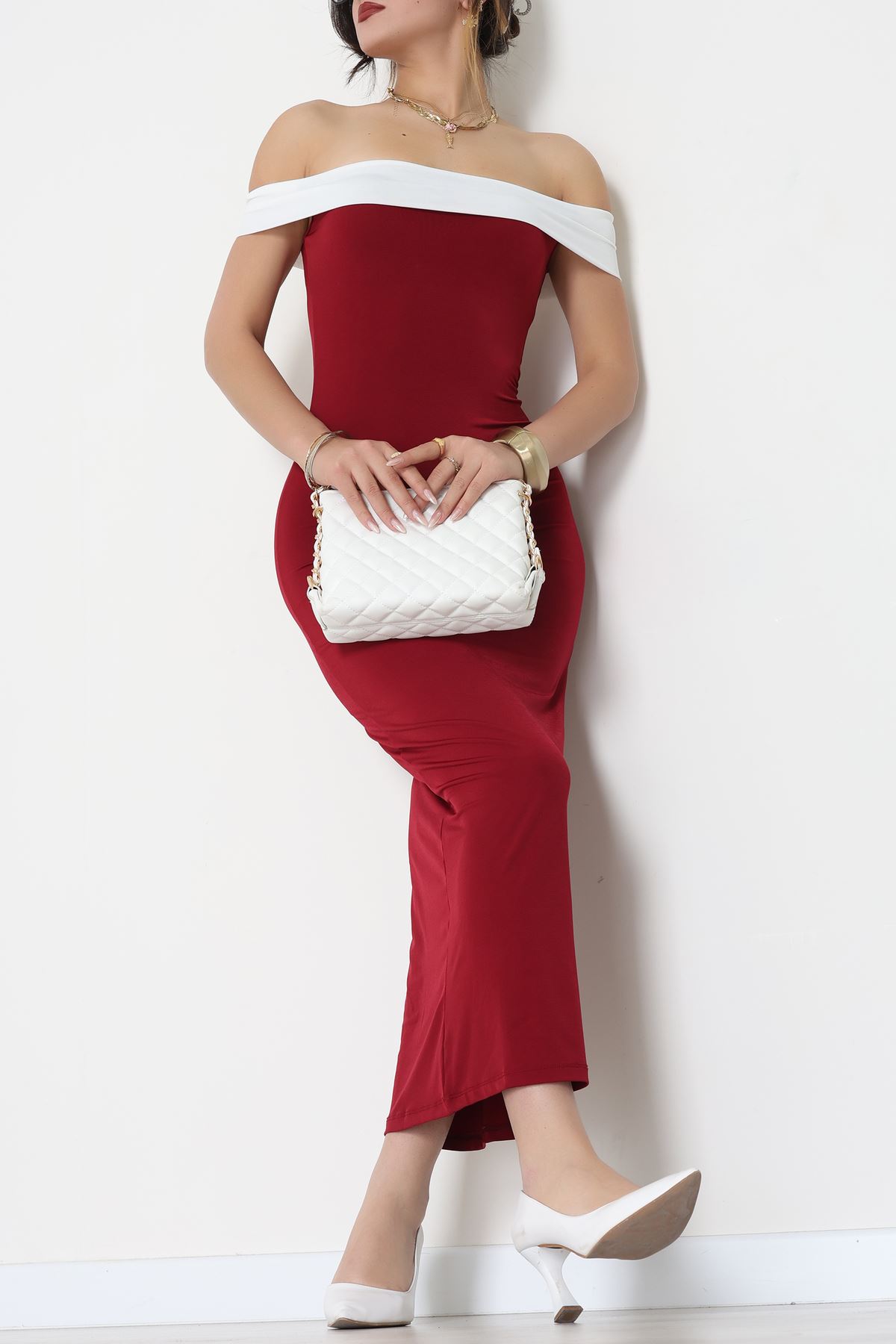 Sandy Kumaş Straplez Yaka Midi Boy Elbise Bordo - 70818.1794.