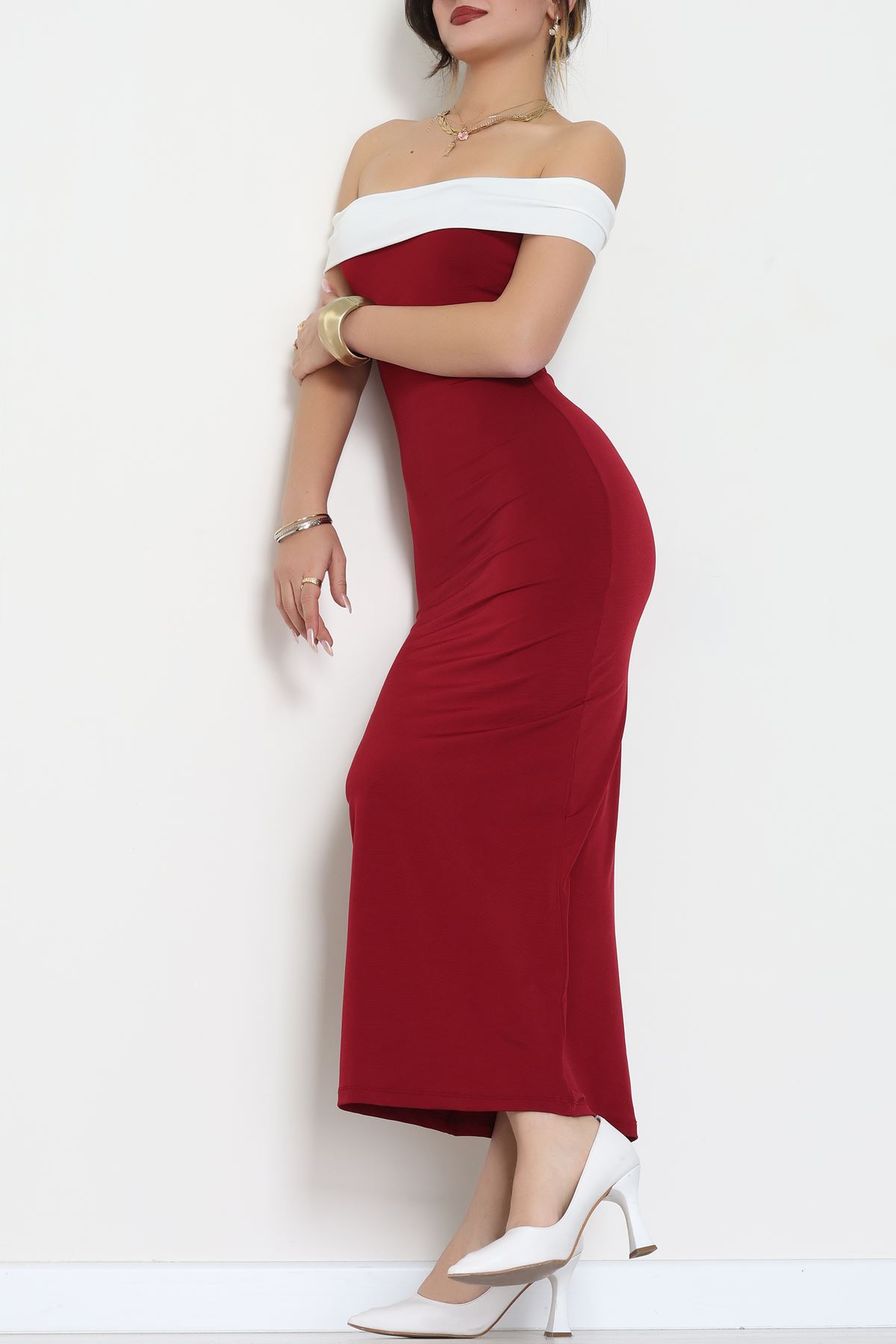 Sandy Kumaş Straplez Yaka Midi Boy Elbise Bordo - 70818.1794.