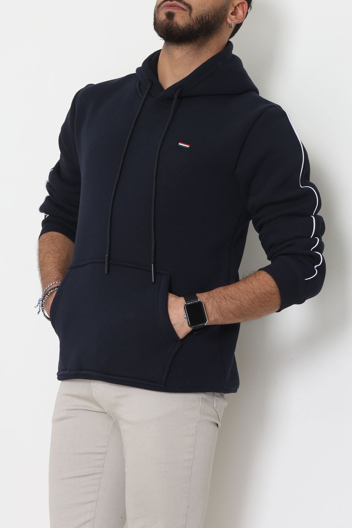 Kapşonlu Biyeli Erkek Sweat Lacivert - 42637.1937.