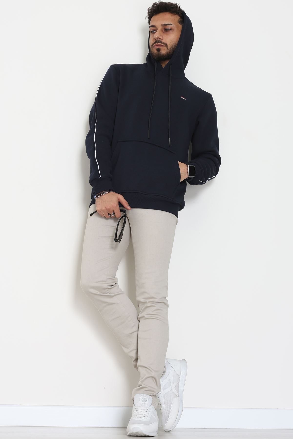 Kapşonlu Biyeli Erkek Sweat Lacivert - 42637.1937.