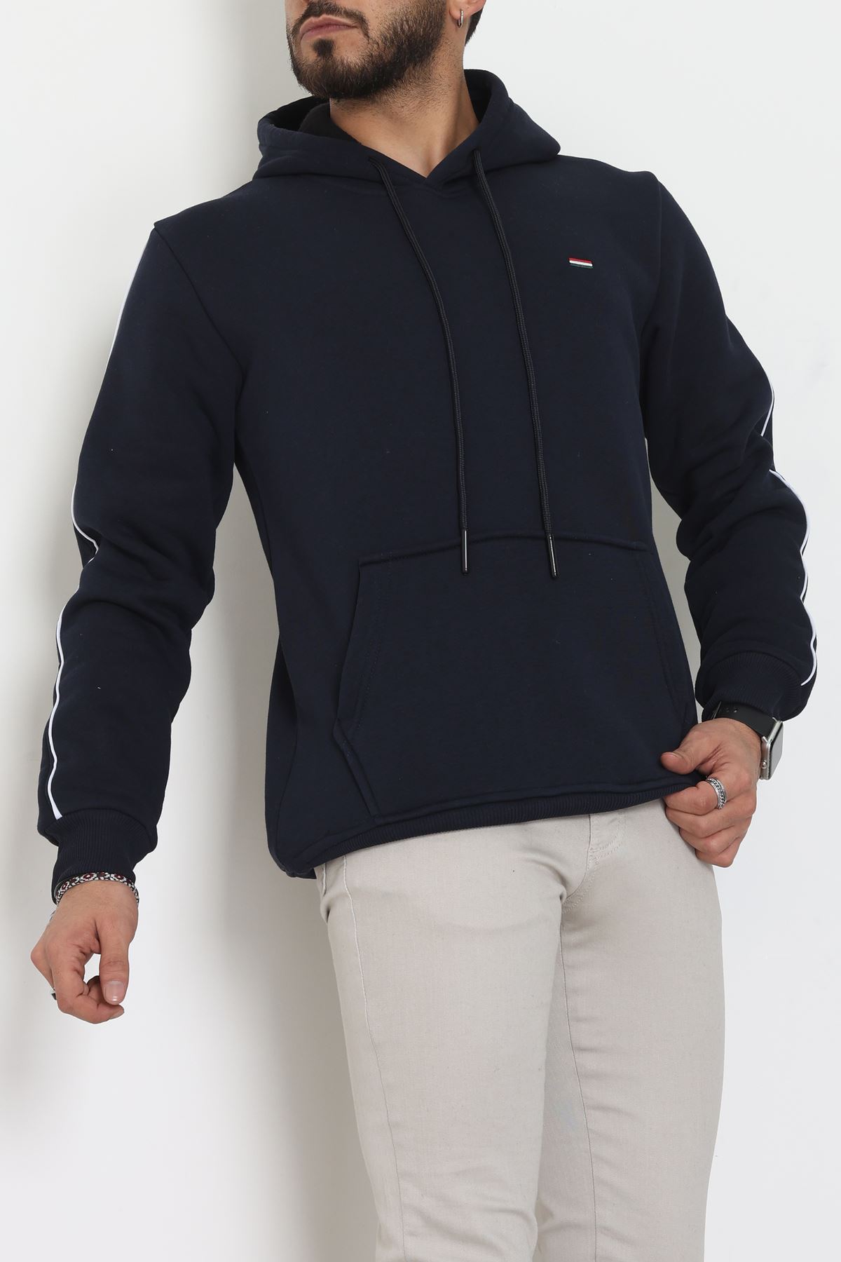 Kapşonlu Biyeli Erkek Sweat Lacivert - 42637.1937.