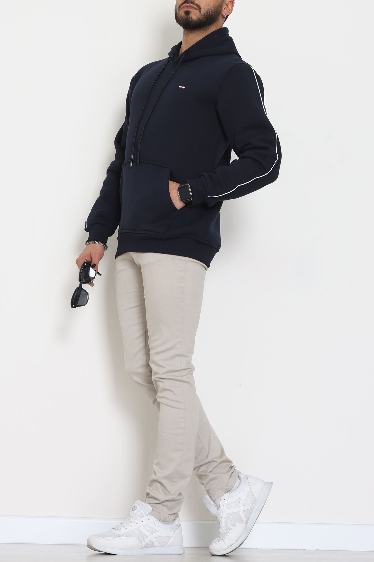 Kapşonlu Biyeli Erkek Sweat Lacivert - 42637.1937.