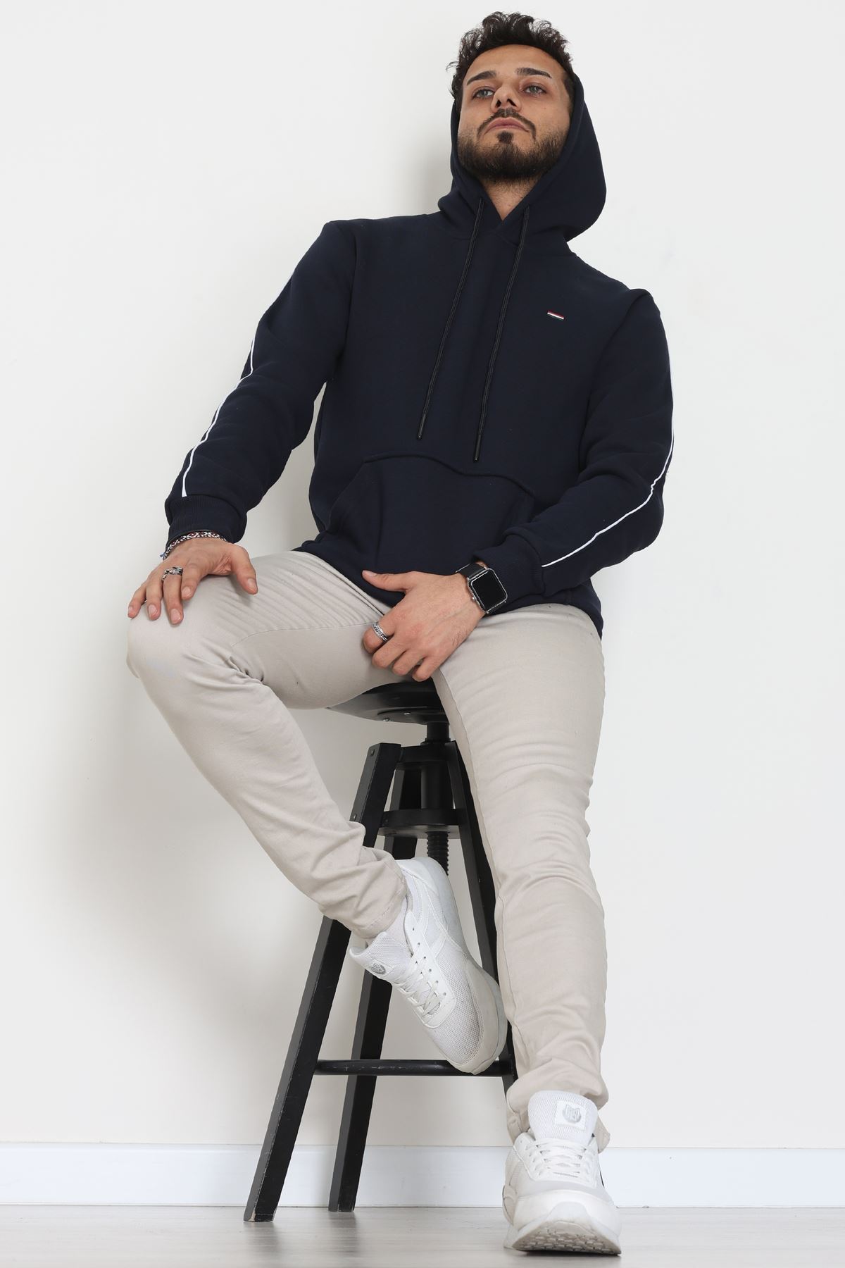 Kapşonlu Biyeli Erkek Sweat Lacivert - 42637.1937.