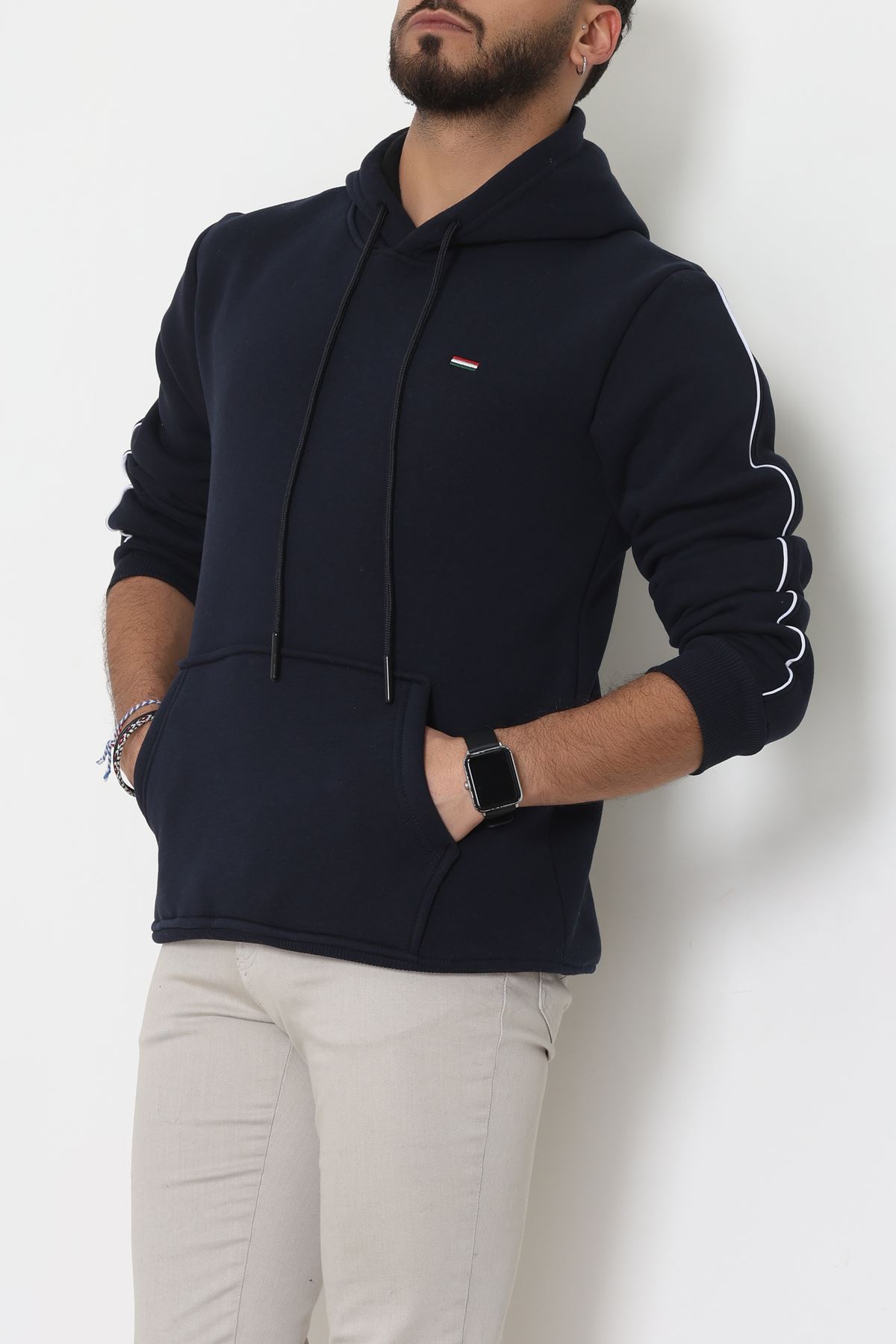 Kapşonlu Biyeli Erkek Sweat Lacivert - 42637.1937.