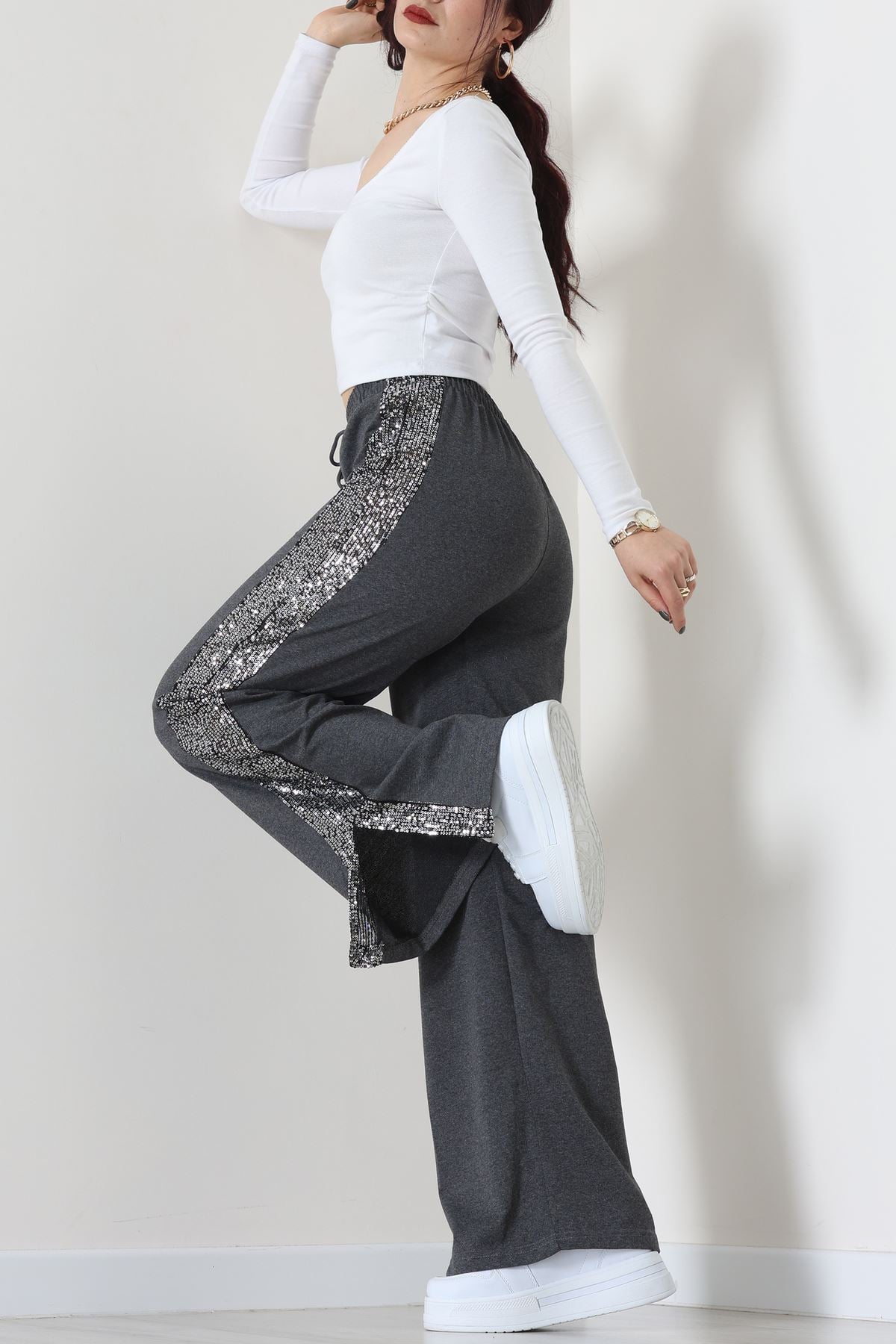 2 İplik Pul Detaylı Eşofman Altı Füme - 52110.1857.