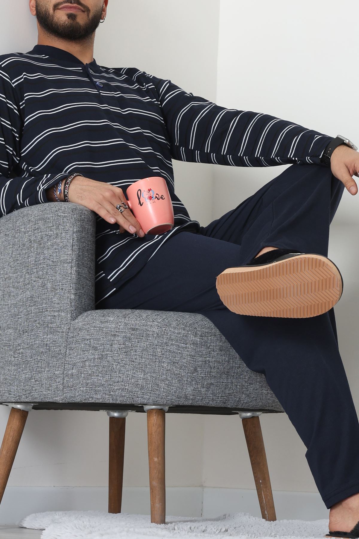 Süprem Çizgili Pat Detaylı Erkek Pijama Takımı Koyulaci - 70822.1902.