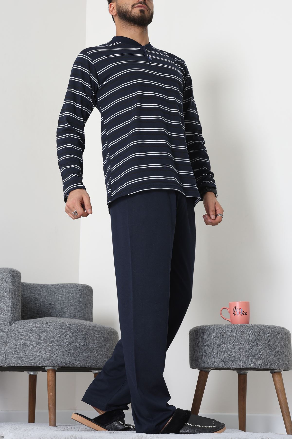 Süprem Çizgili Pat Detaylı Erkek Pijama Takımı Koyulaci - 70822.1902.