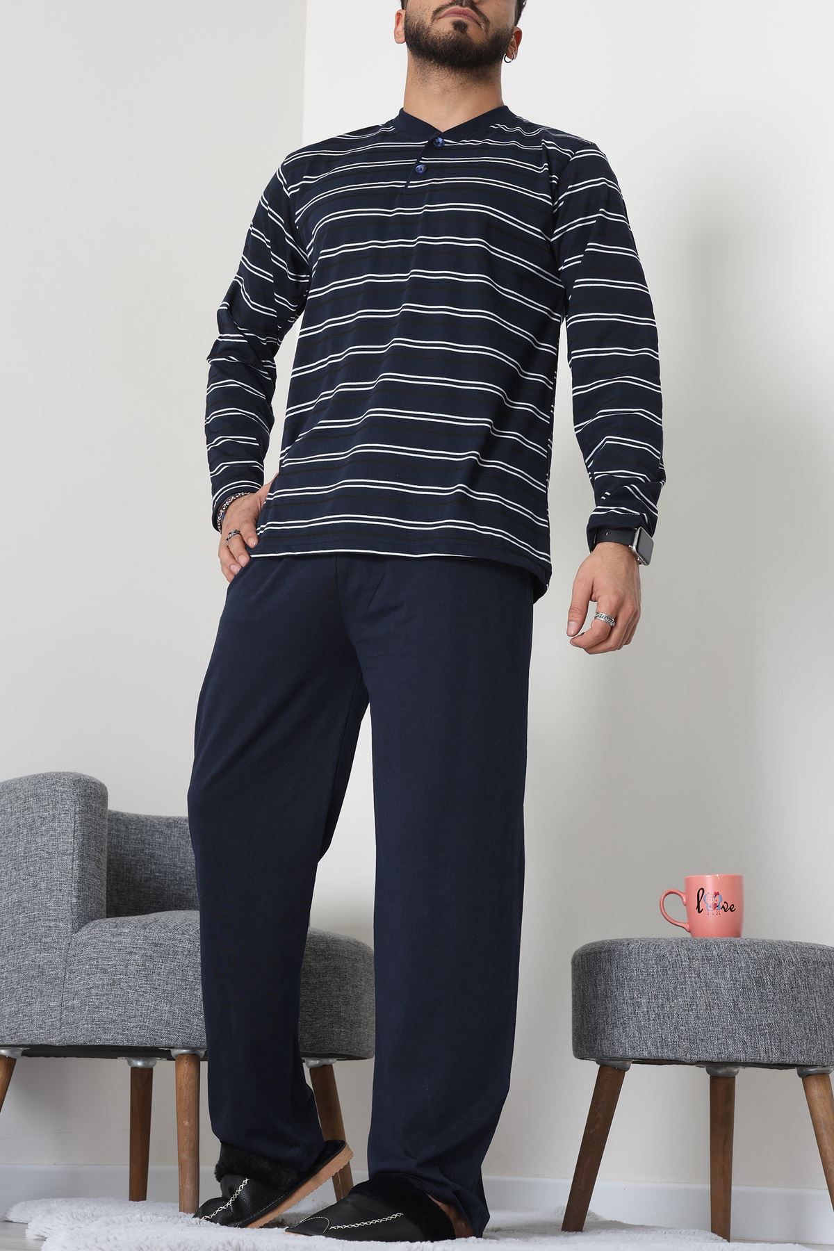 Süprem Çizgili Pat Detaylı Erkek Pijama Takımı Koyulaci - 70822.1902.