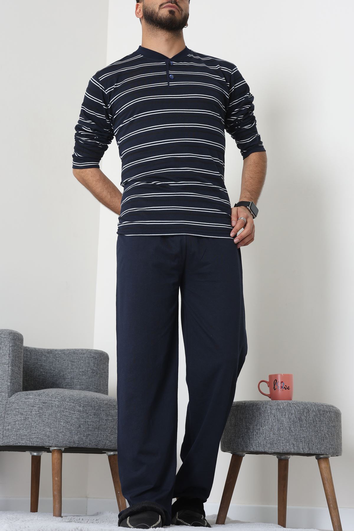 Süprem Çizgili Pat Detaylı Erkek Pijama Takımı Koyulaci - 70822.1902.