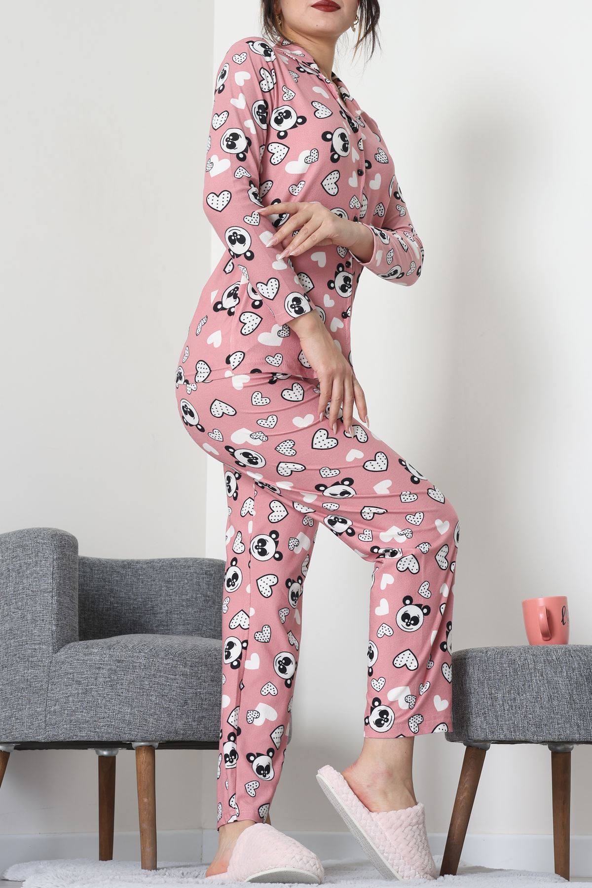 Süet Düğmeli Pijama Takımı Pembesiyah - 55014.1048.