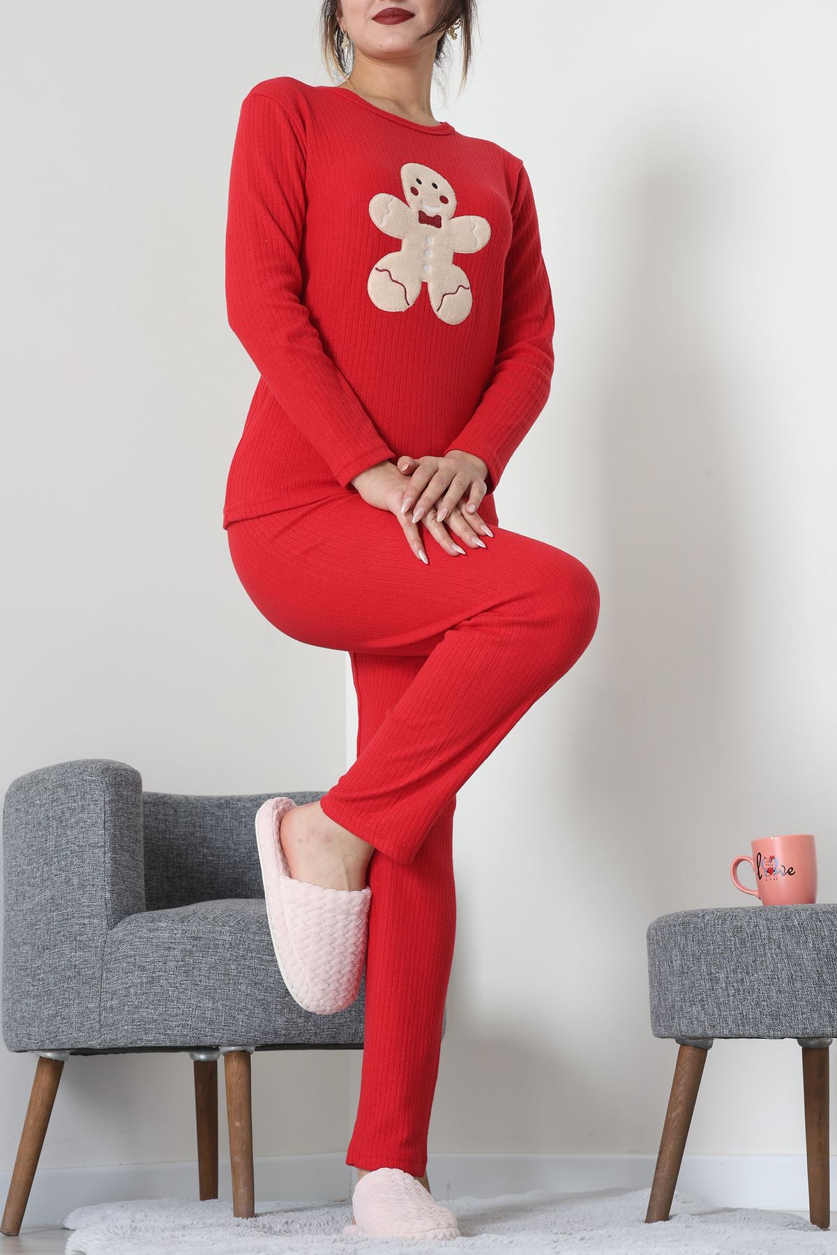 Nakışlı İnterlok Pijama Takımı Kırmızı - 800.1287.