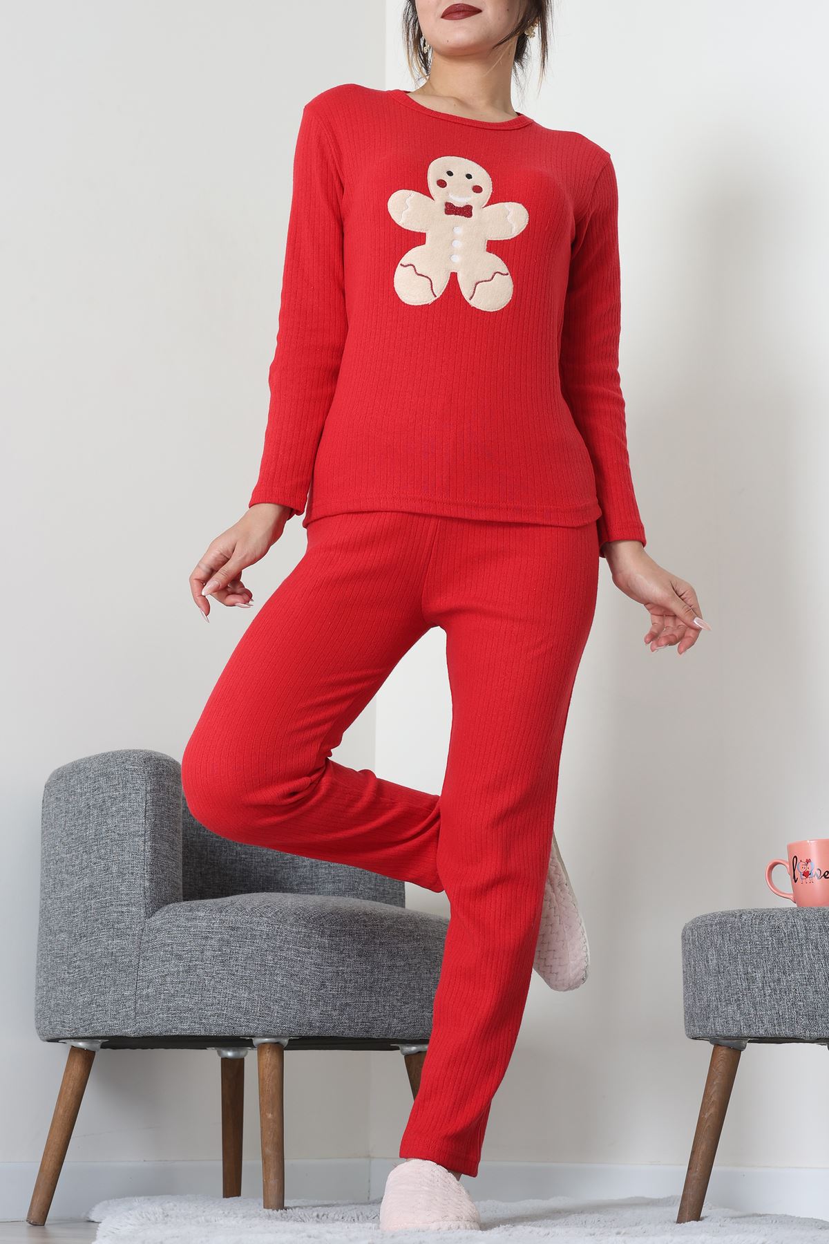 Nakışlı İnterlok Pijama Takımı Kırmızı - 800.1287.