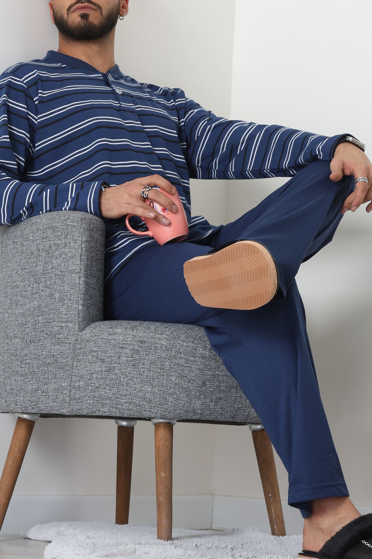 Süprem Çizgili Pat Detaylı Erkek Pijama Takımı İndigo - 70822.1902.