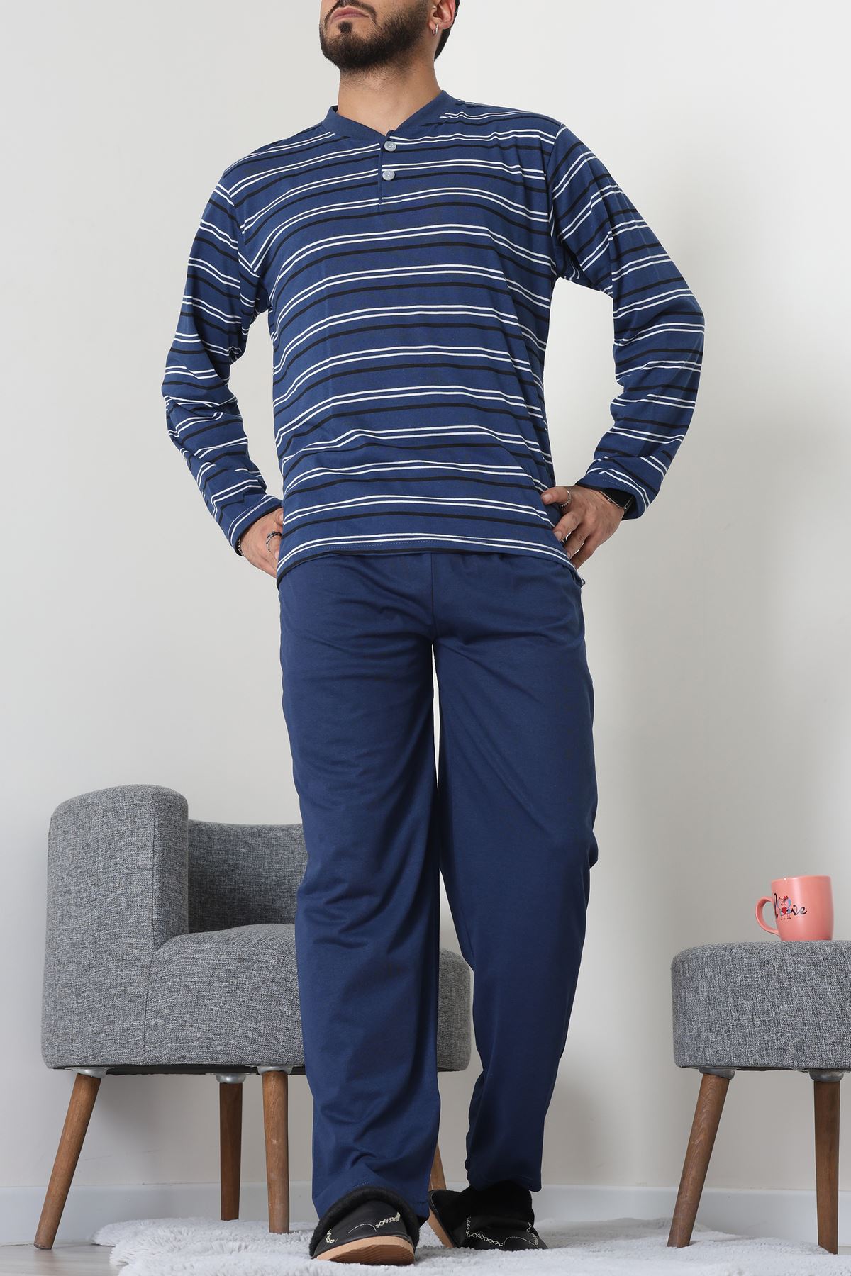 Süprem Çizgili Pat Detaylı Erkek Pijama Takımı İndigo - 70822.1902.