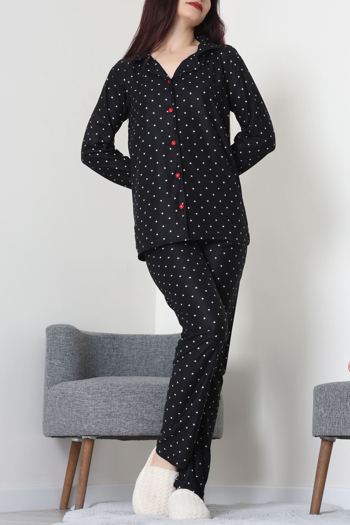 Süet Düğmeli Pijama Takımı Siyahyıldız - 52171.1050.