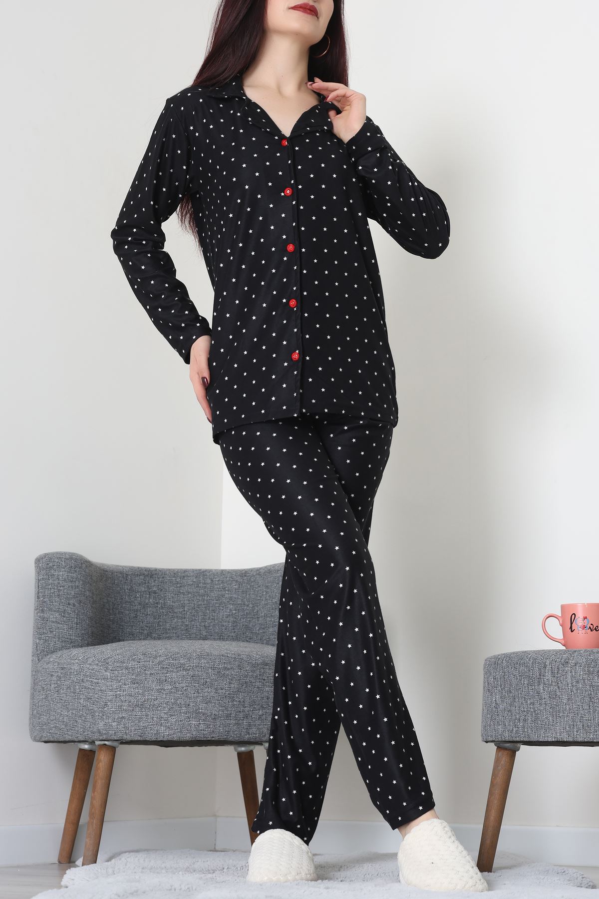 Süet Düğmeli Pijama Takımı Siyahyıldız - 52171.1050.