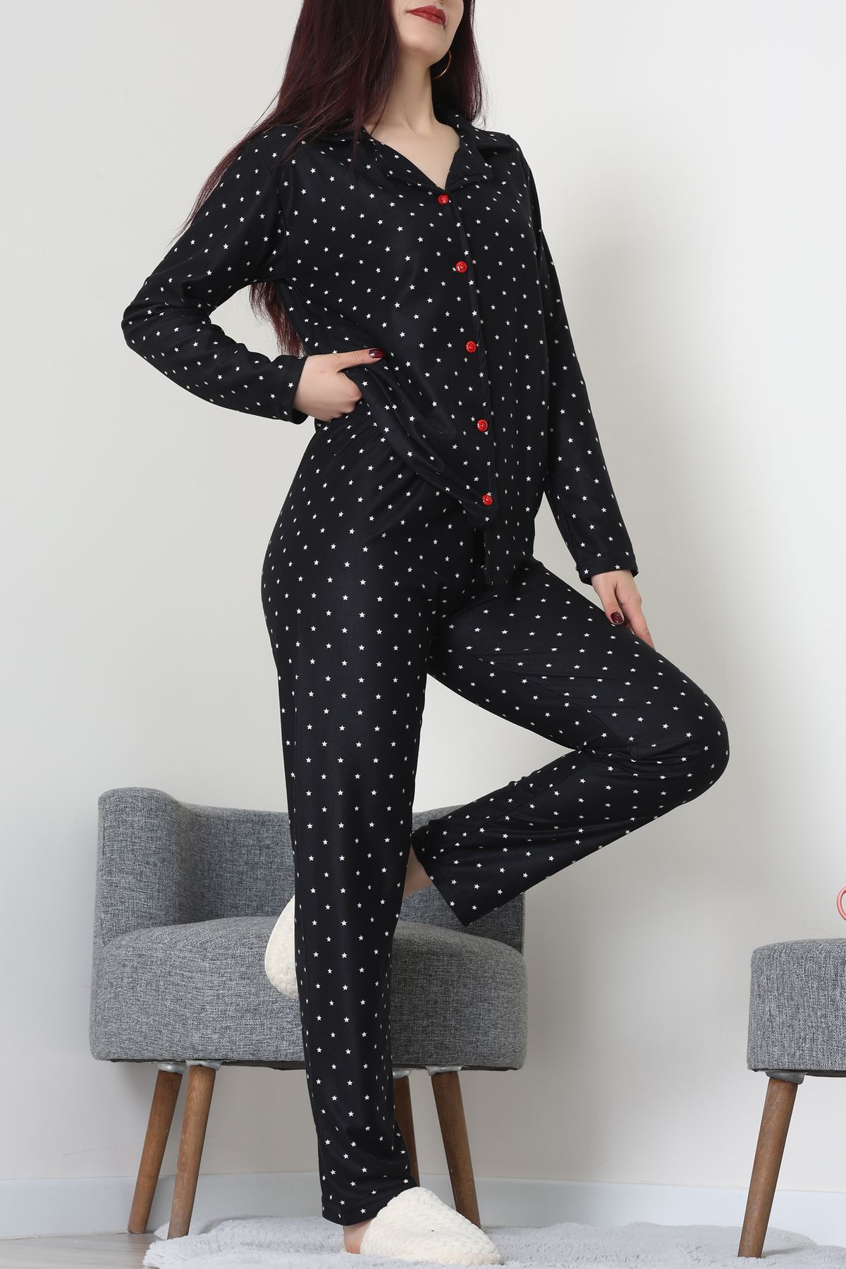 Süet Düğmeli Pijama Takımı Siyahyıldız - 52171.1050.