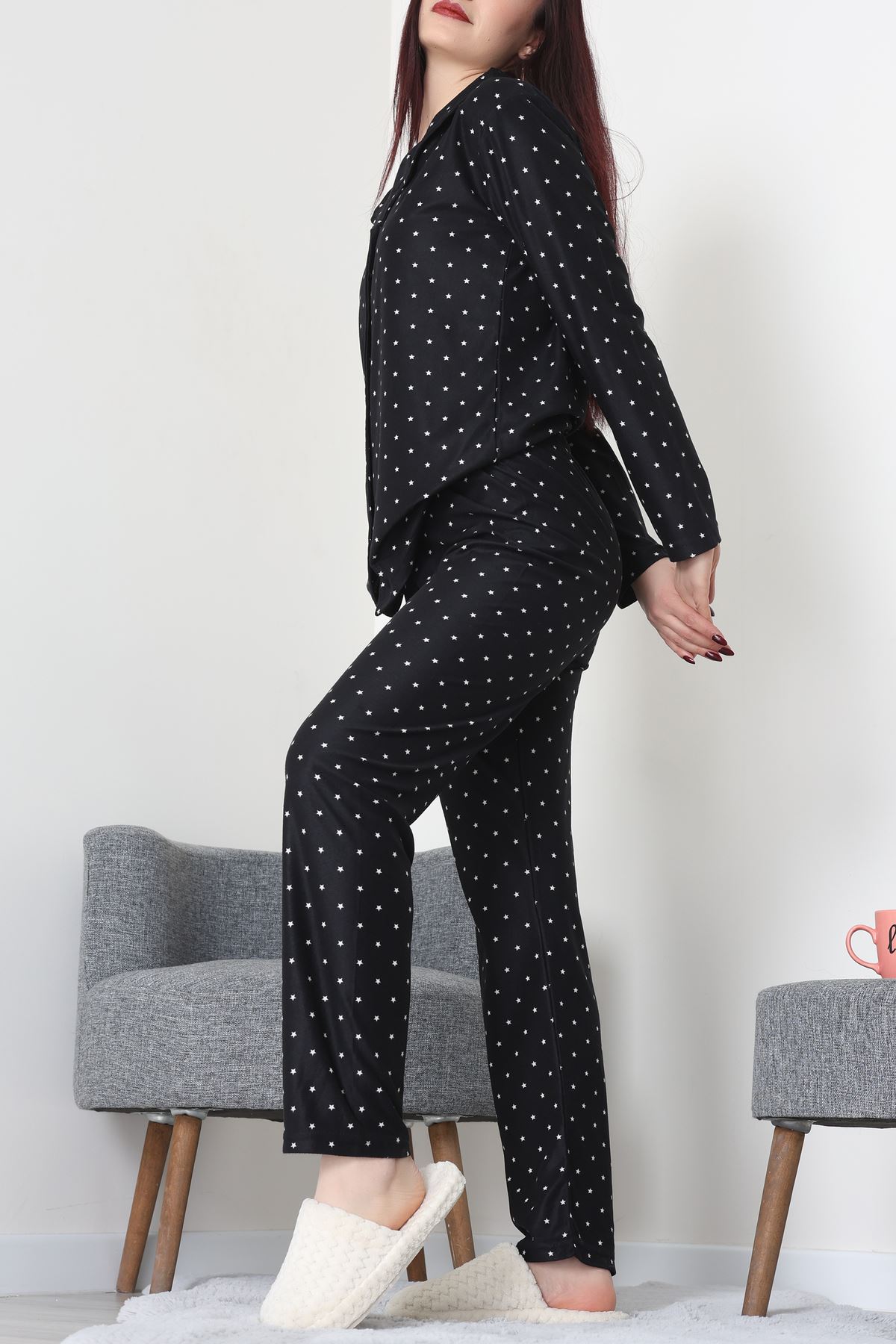 Süet Düğmeli Pijama Takımı Siyahyıldız - 52171.1050.