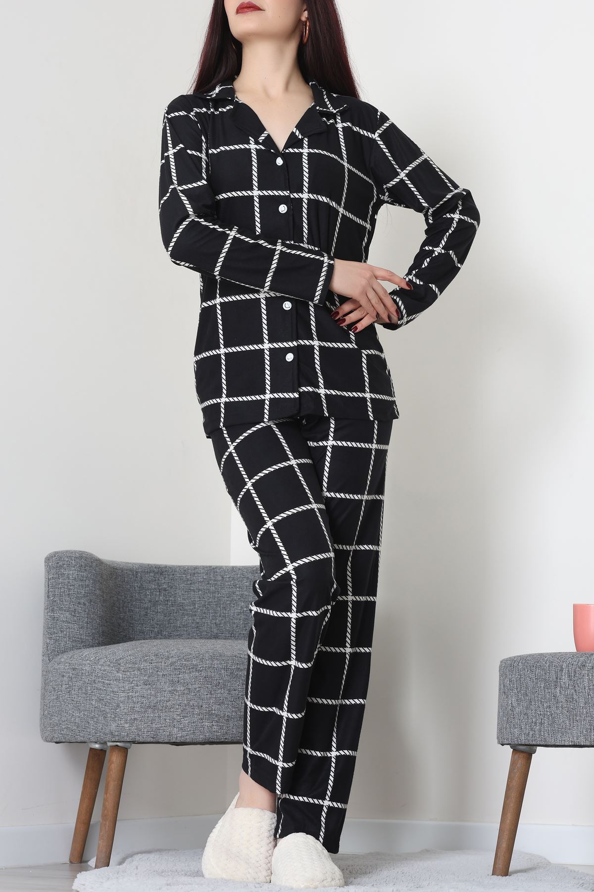Süet Düğmeli Pijama Takımı Siyahçizgili - 52171.1050.