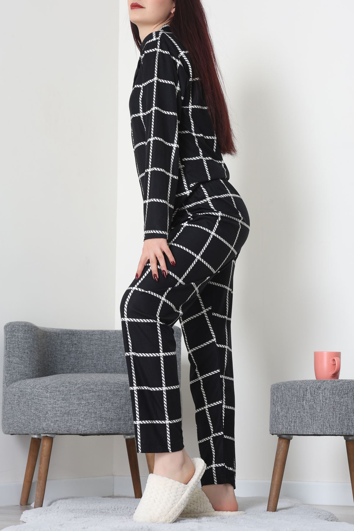 Süet Düğmeli Pijama Takımı Siyahçizgili - 52171.1050.