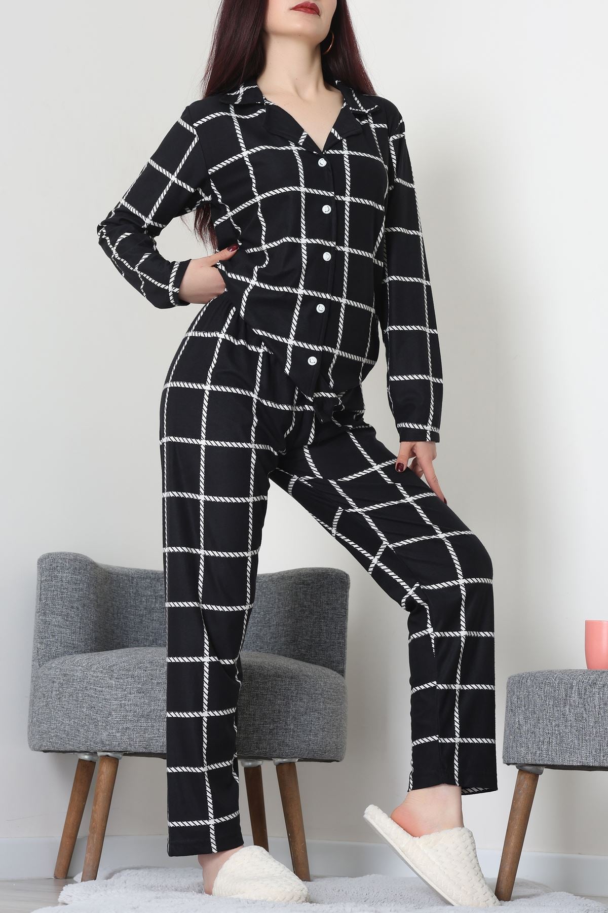 Süet Düğmeli Pijama Takımı Siyahçizgili - 52171.1050.