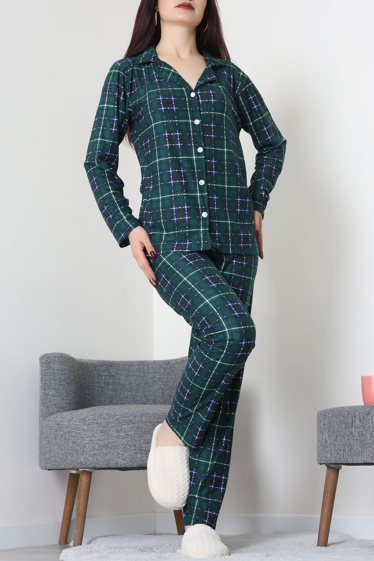 Süet Düğmeli Pijama Takımı Zümrütekose - 52171.1050.