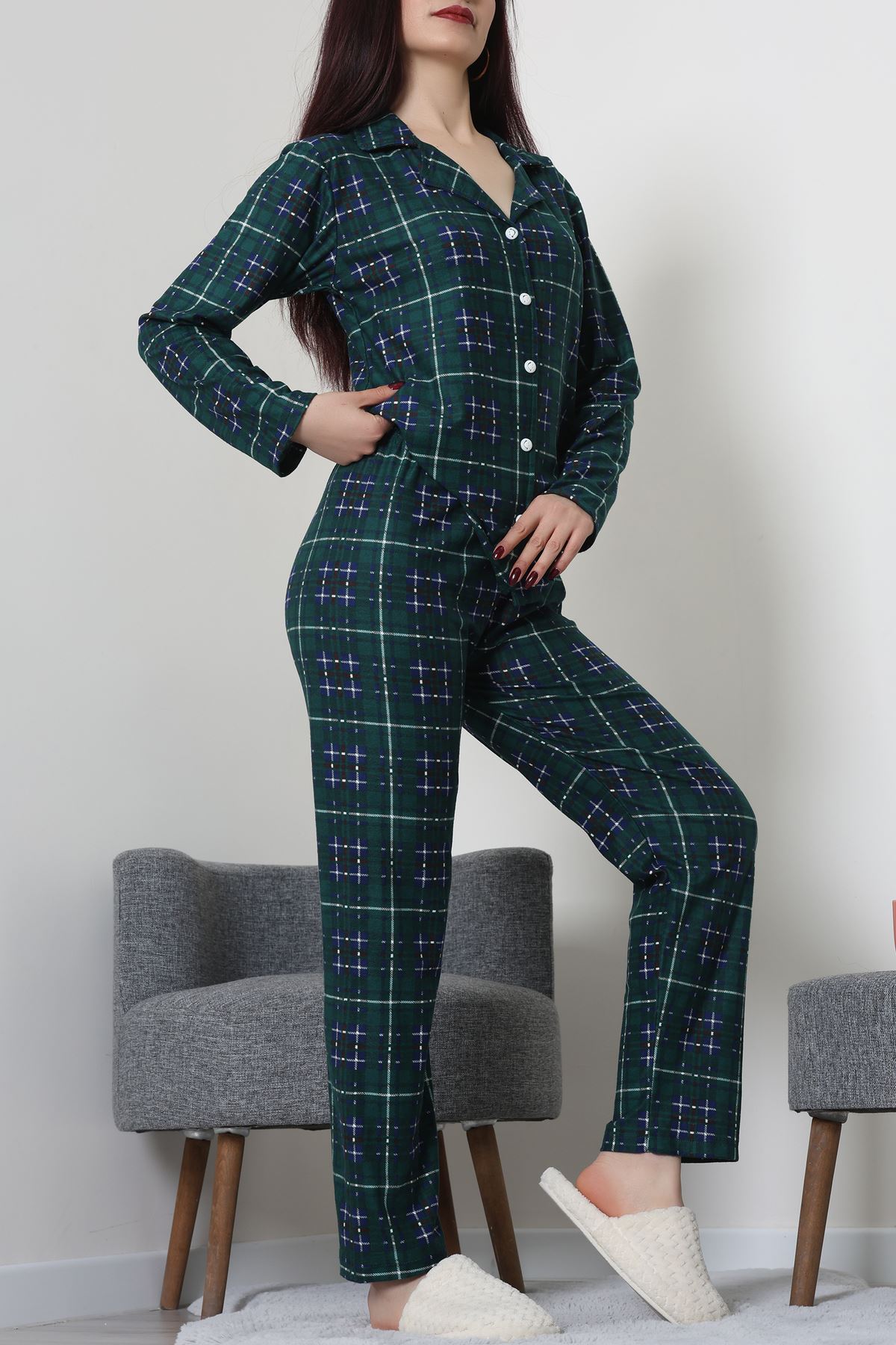 Süet Düğmeli Pijama Takımı Zümrütekose - 52171.1050.