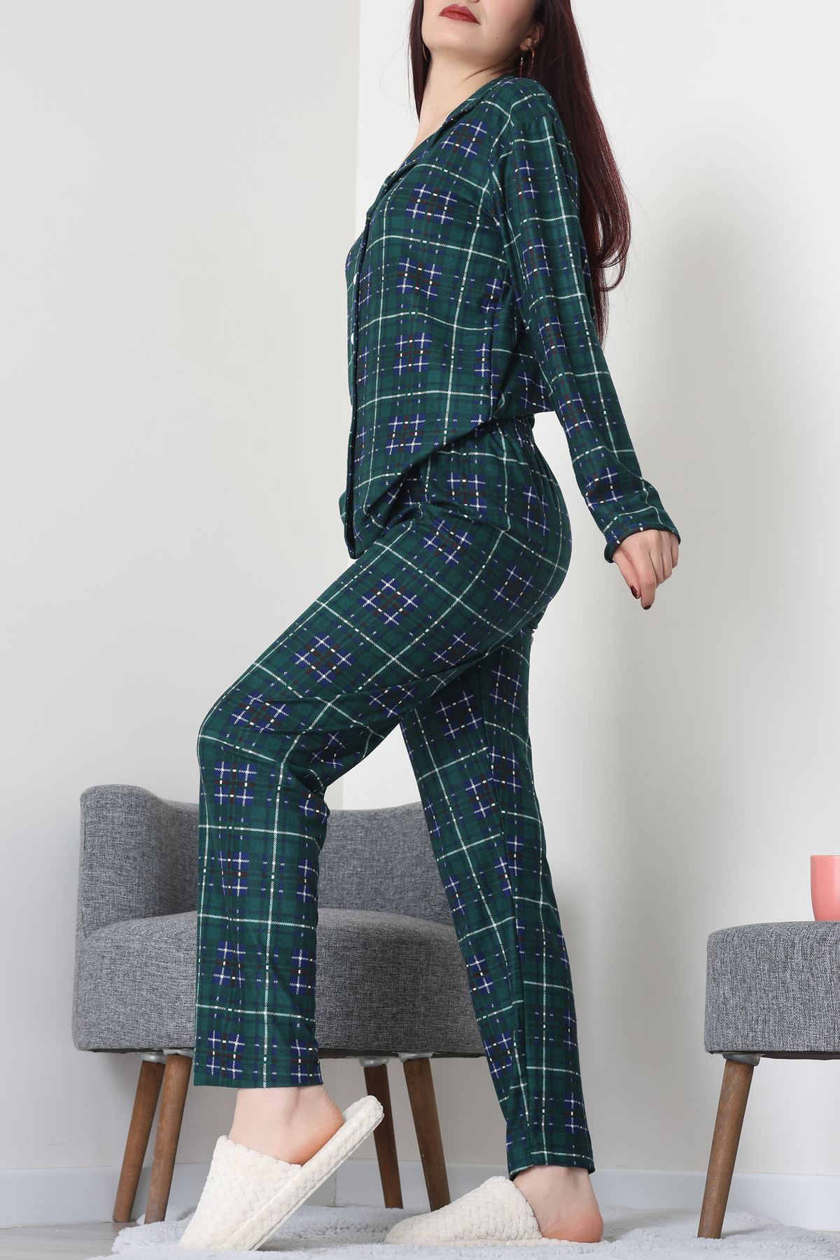 Süet Düğmeli Pijama Takımı Zümrütekose - 52171.1050.