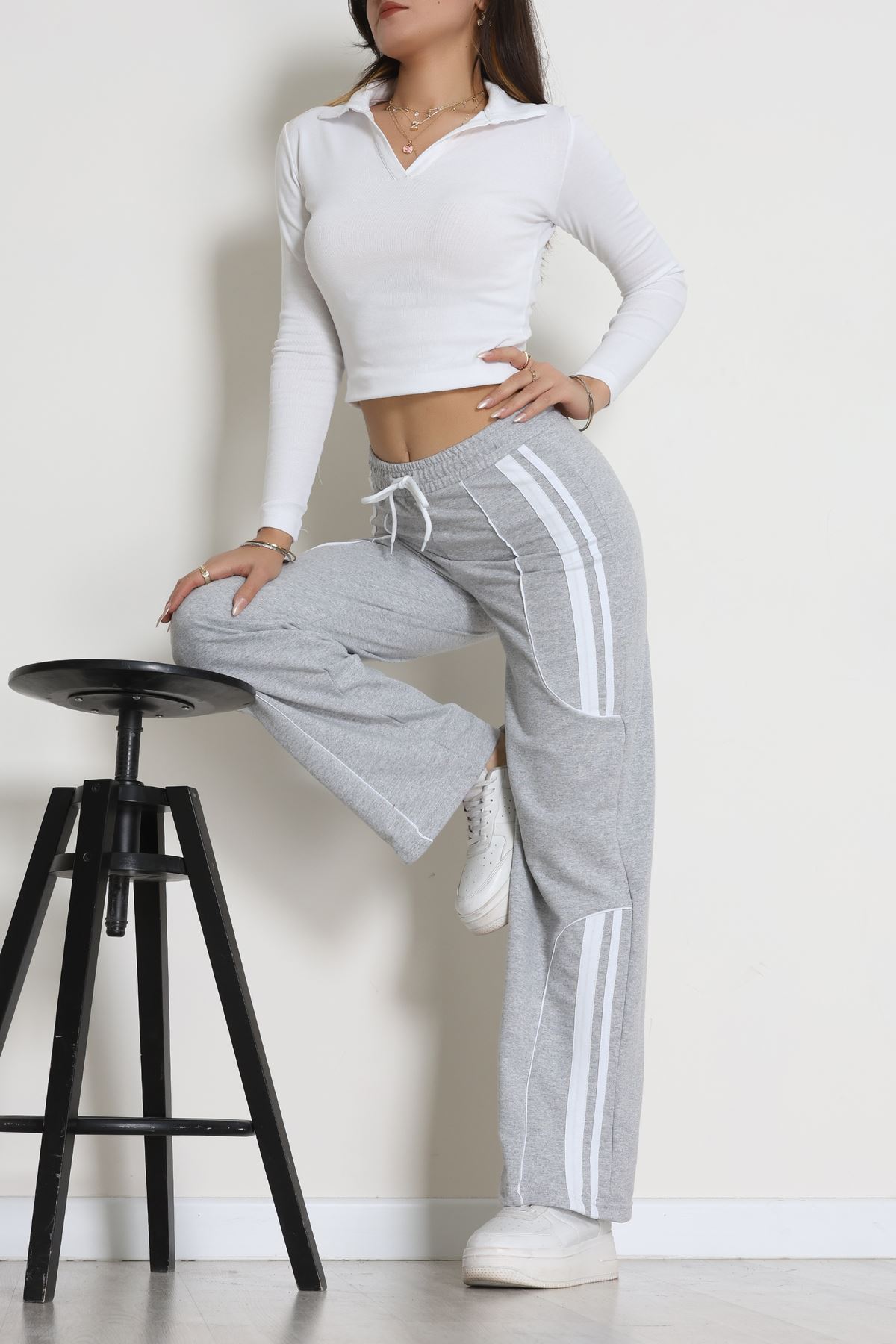 Şeritli 2 İplik Eşofman Altı Gri - 52172.1005.