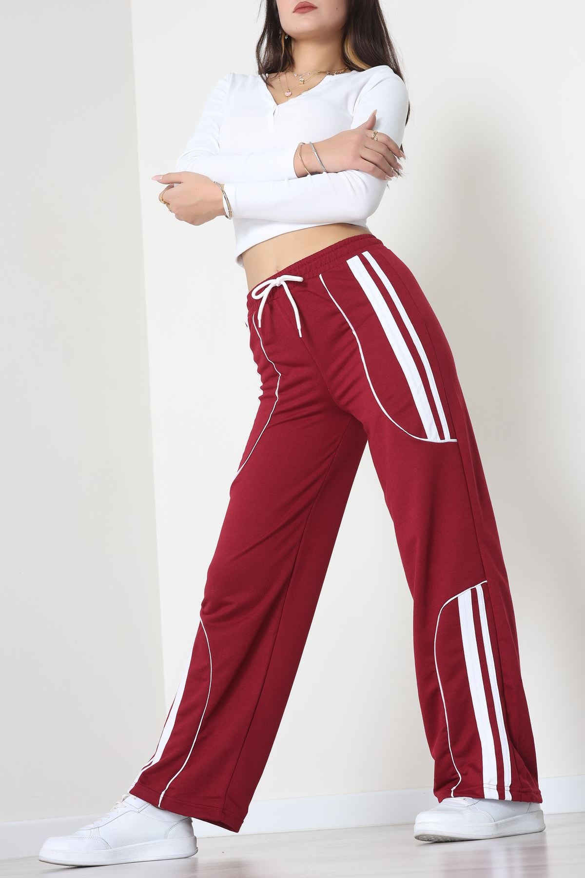 Şeritli 2 İplik Eşofman Altı Bordo - 52172.1005.