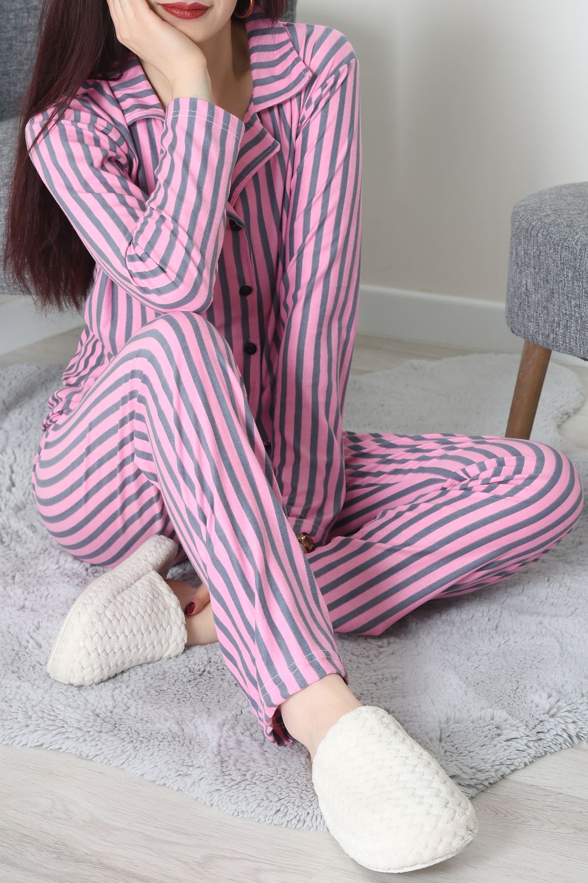 Süet Düğmeli Pijama Takımı Pembeçizgili - 52171.1050.