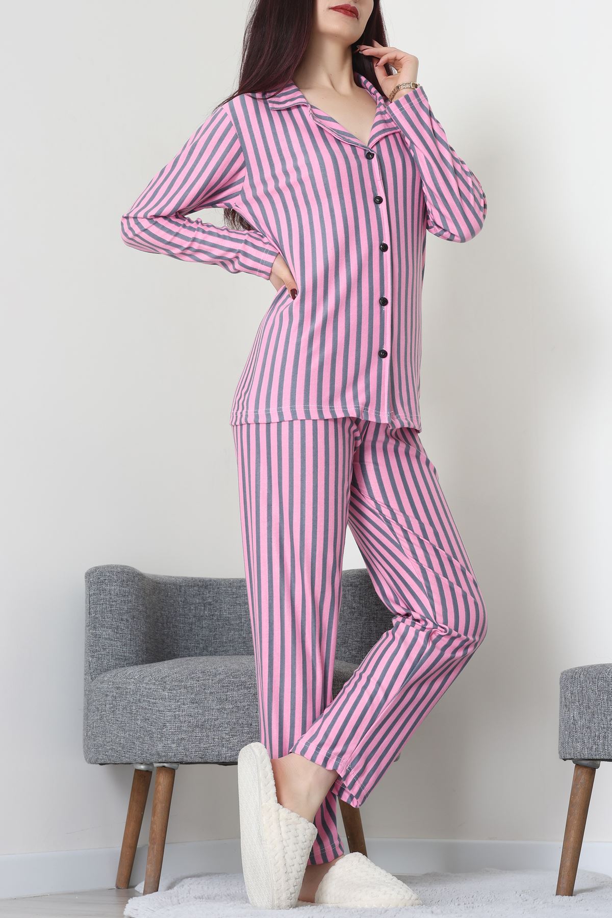 Süet Düğmeli Pijama Takımı Pembeçizgili - 52171.1050.