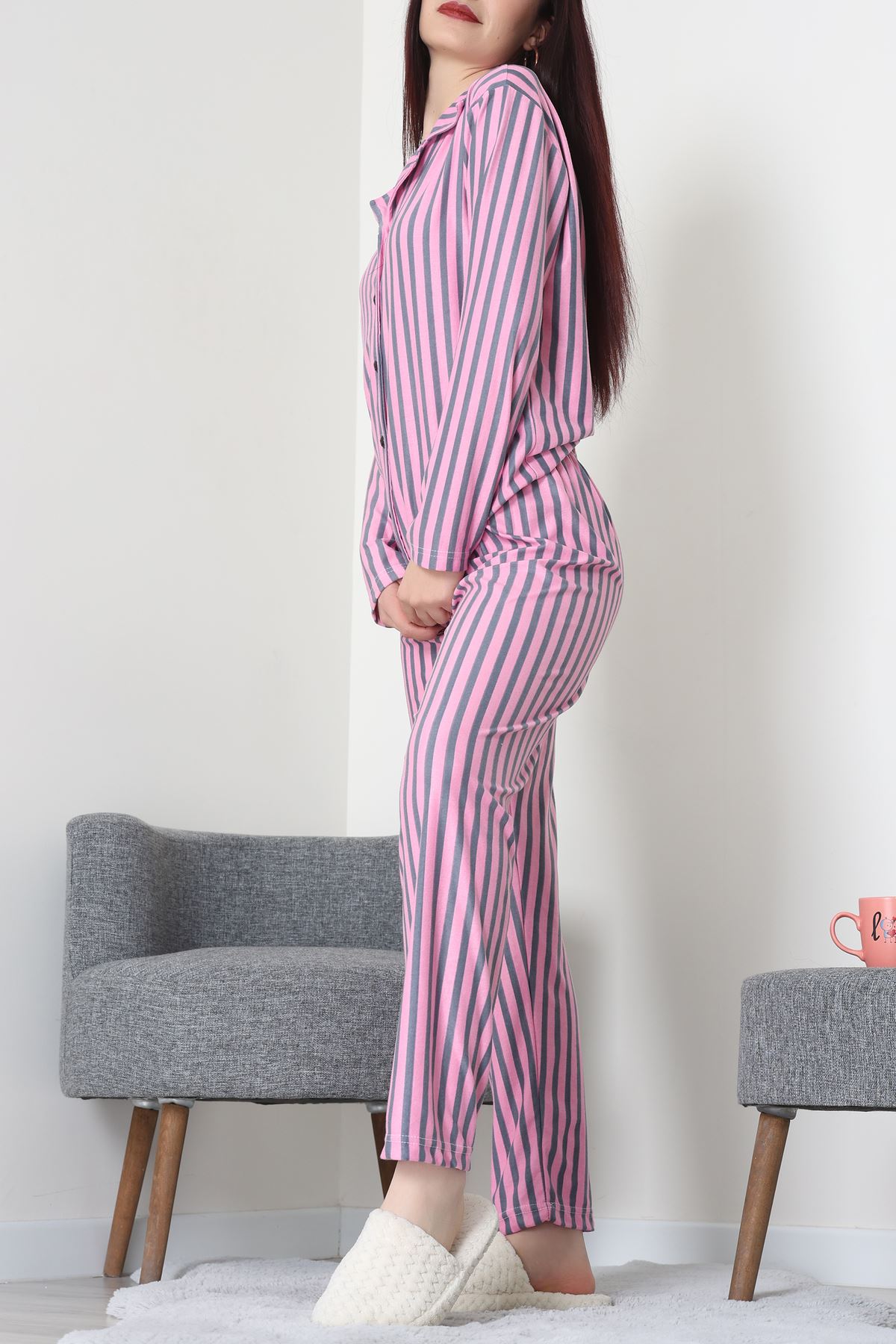 Süet Düğmeli Pijama Takımı Pembeçizgili - 52171.1050.