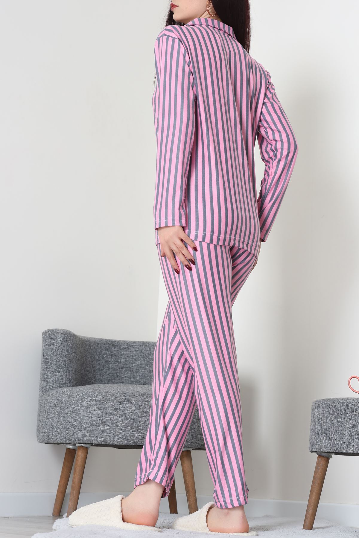 Süet Düğmeli Pijama Takımı Pembeçizgili - 52171.1050.