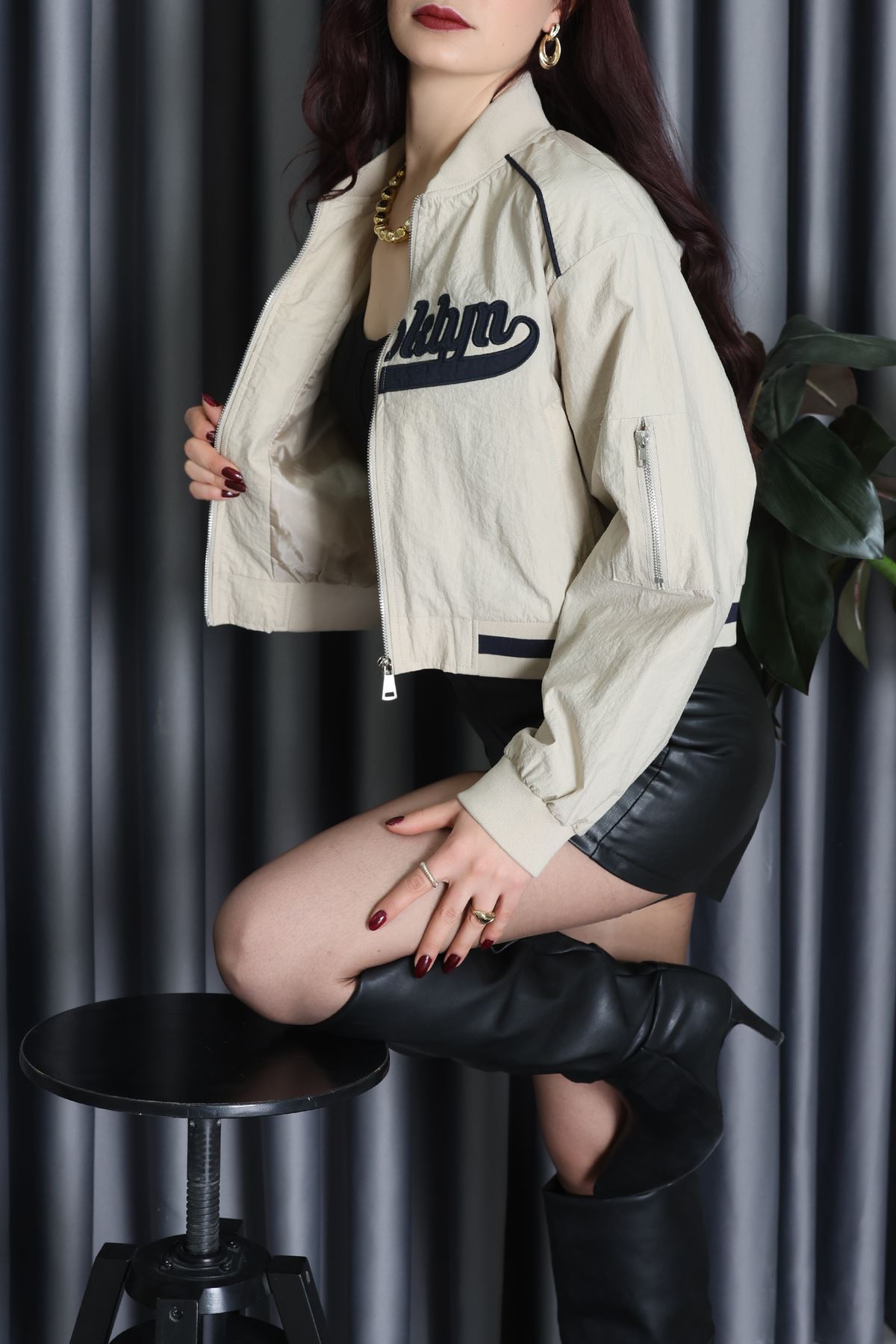 Quzu Ribana Detaylı Astarlı Bomber Ceket Bej - 42823.2002.