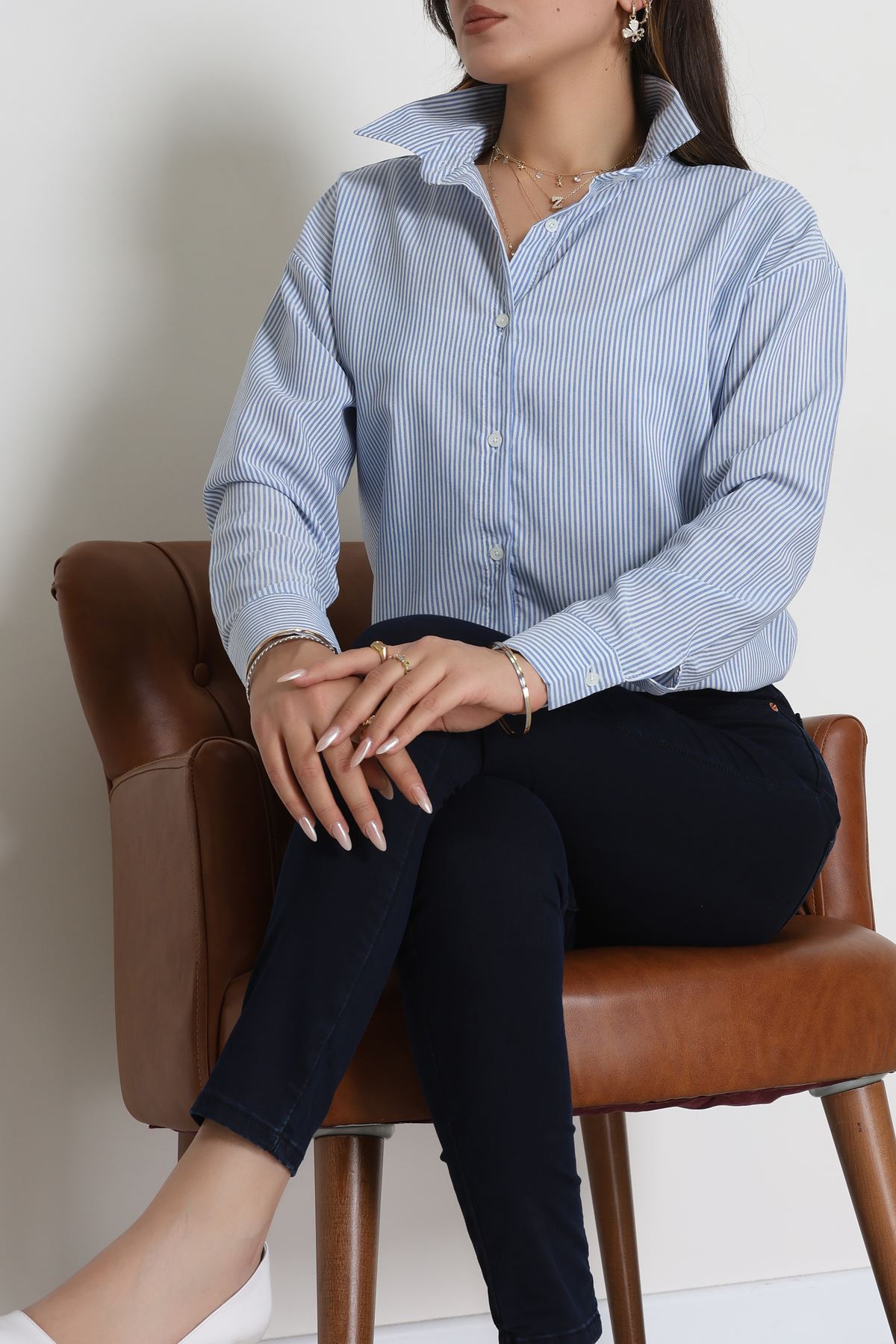 Pamuk Polyester Çizgili Oversize Gömlek Mavibeyaz1 - 51052.147.